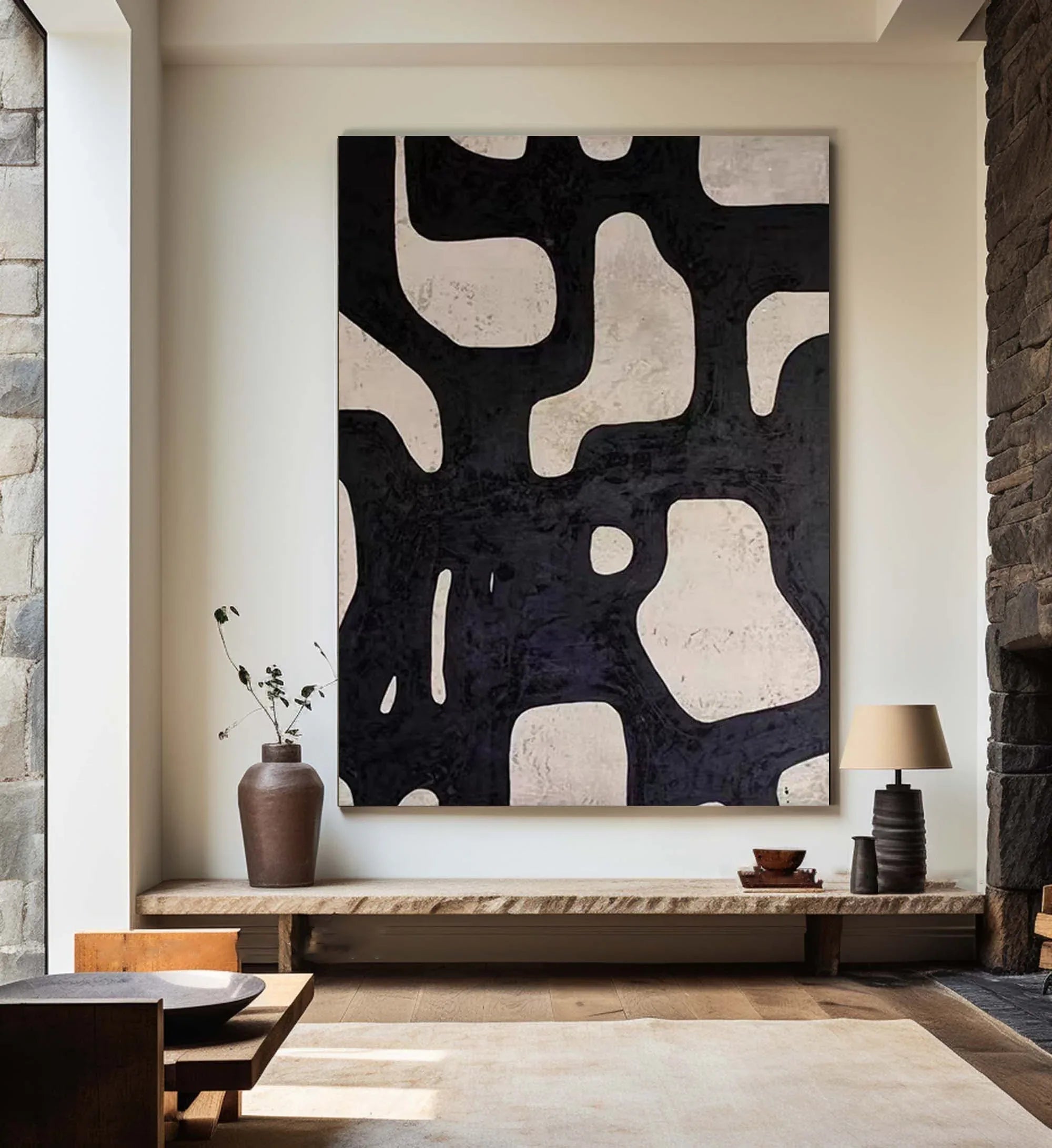 Mono Maze-Modern Minimalist Black and White Flowing Geometric Abstract Wall Art