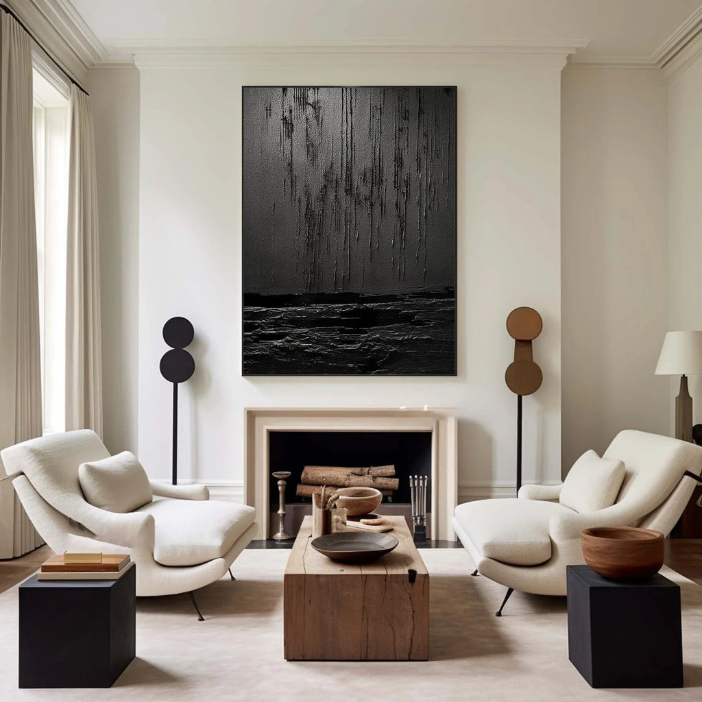 Midnight Echoes-Hand Drawn Pure Black Drip Texture Wall Art