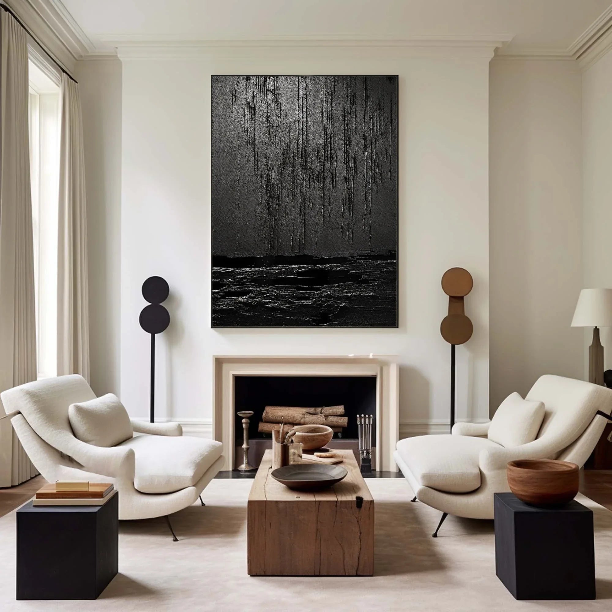 Midnight Echoes-Hand Drawn Pure Black Drip Texture Wall Art
