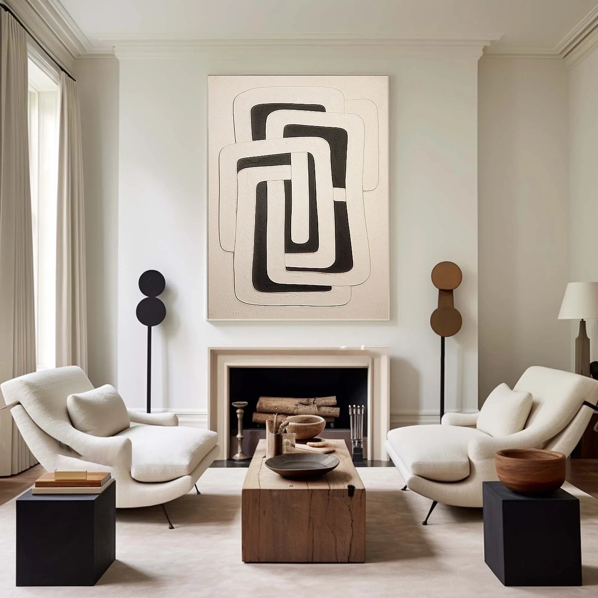Dual Geometry-Modern Hand Drawn Geometric Black and White Wabi Sabi Abstract Wall Art