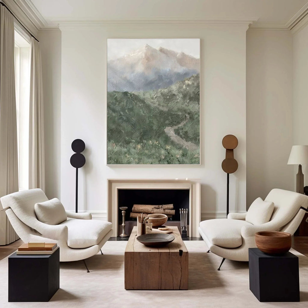 Misty Mountain Path-Hand drawn Green Gray Texture Mountain Abstract Wall Art