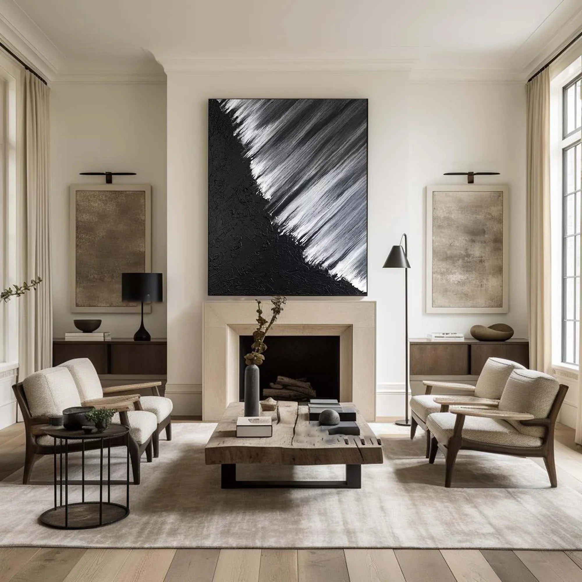 Monochrome Cascade-Hand Drawn Black and White Oblique Texture Abstract Wall Art