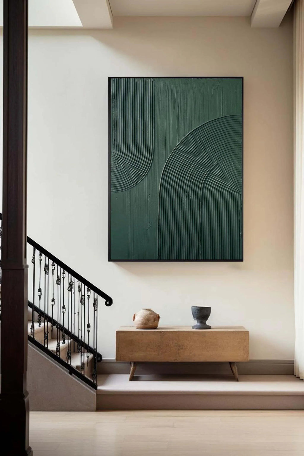 Emerald Echoes-Modern Minimalist Dark Green Curved Abstract Geometric Wall Art