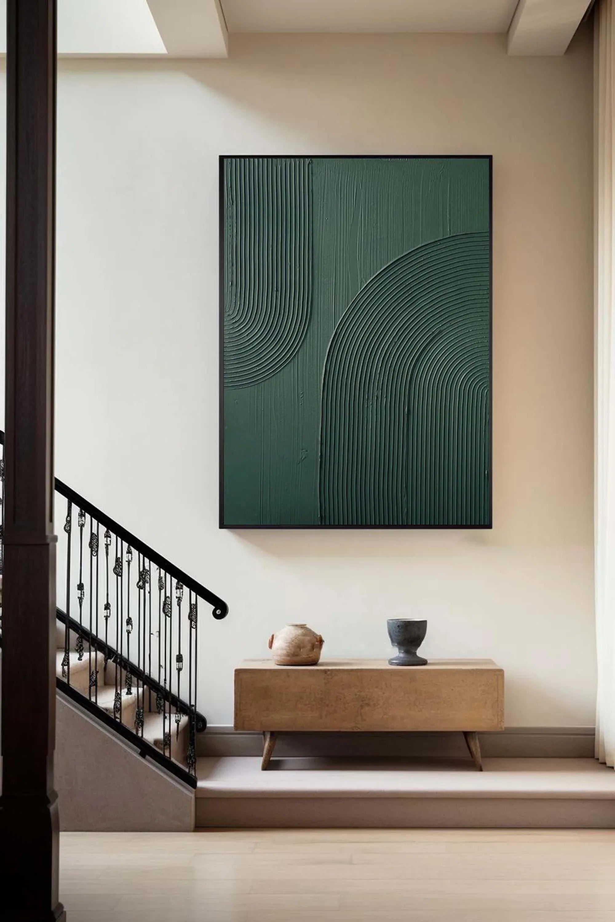 Emerald Echoes-Modern Minimalist Dark Green Curved Abstract Geometric Wall Art