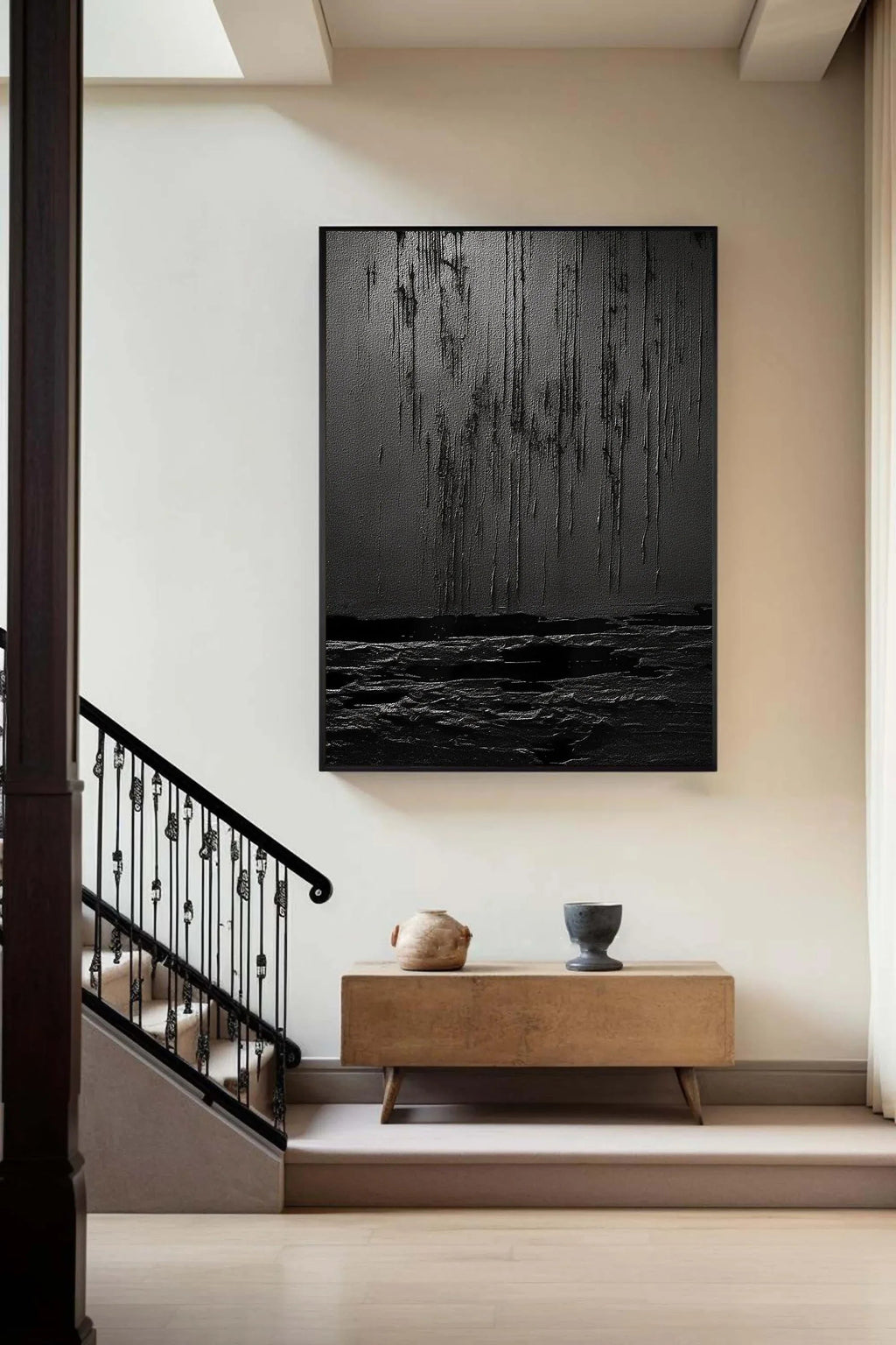 Midnight Echoes-Hand Drawn Pure Black Drip Texture Wall Art