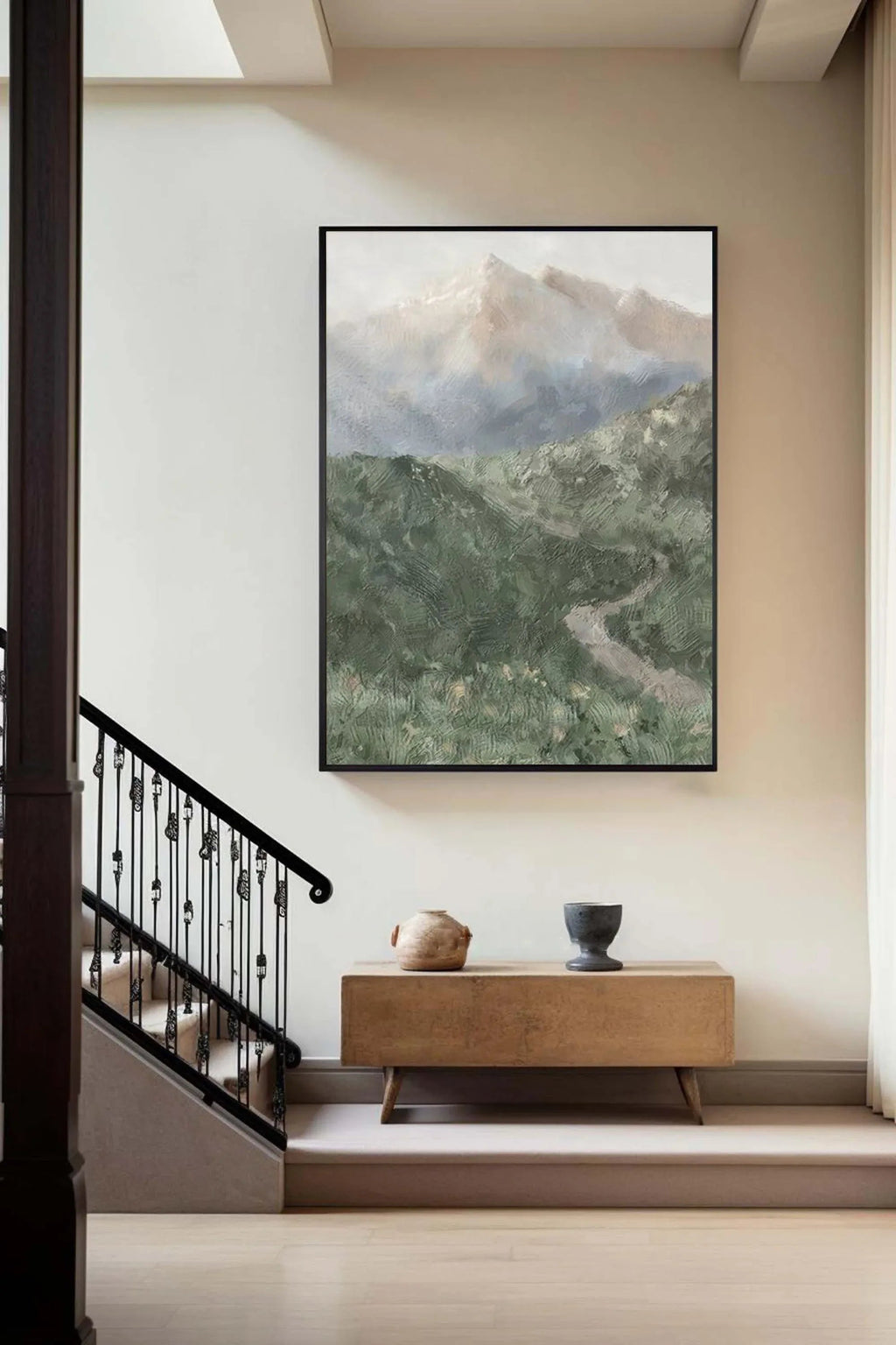 Misty Mountain Path-Hand drawn Green Gray Texture Mountain Abstract Wall Art