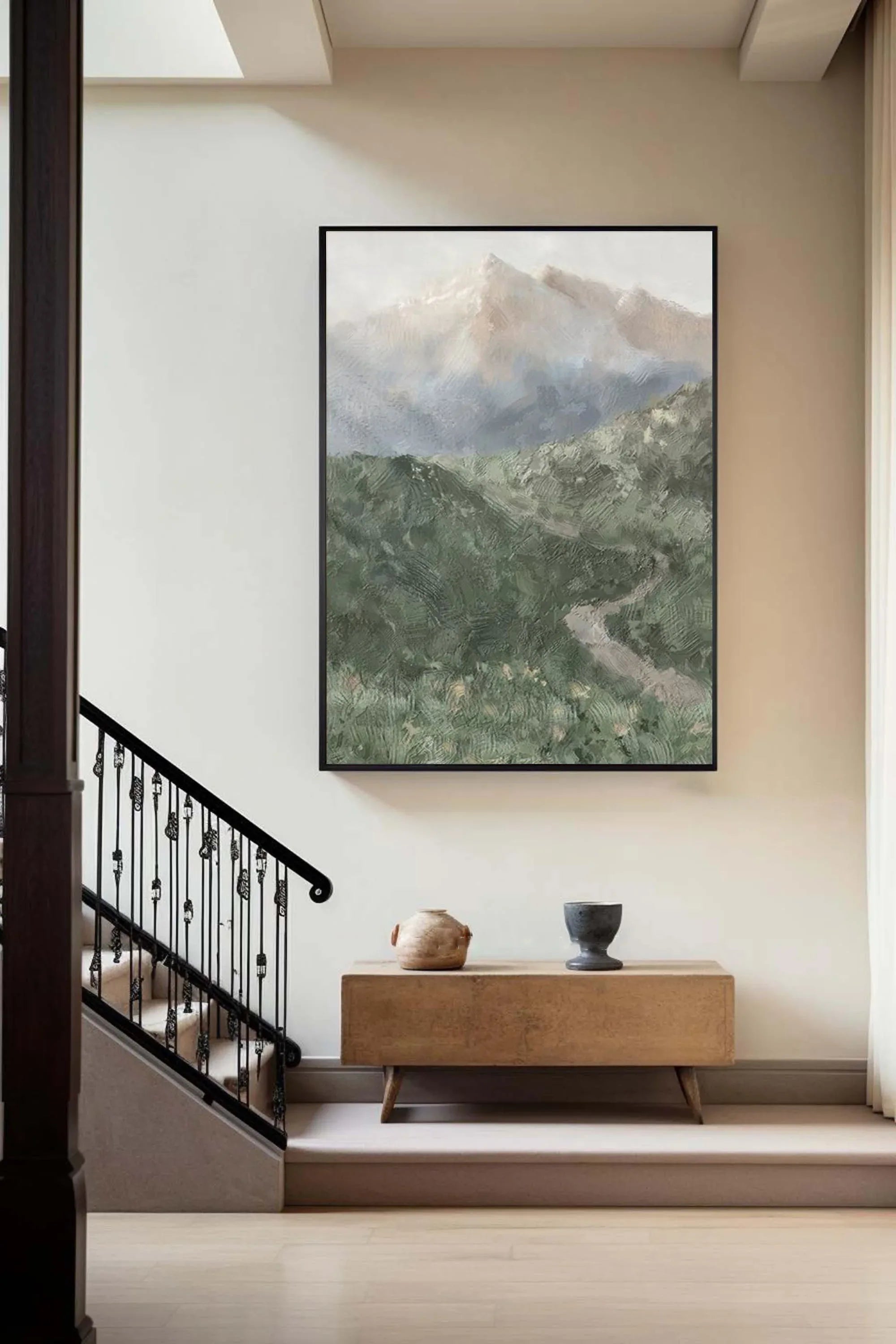 Misty Mountain Path-Hand drawn Green Gray Texture Mountain Abstract Wall Art