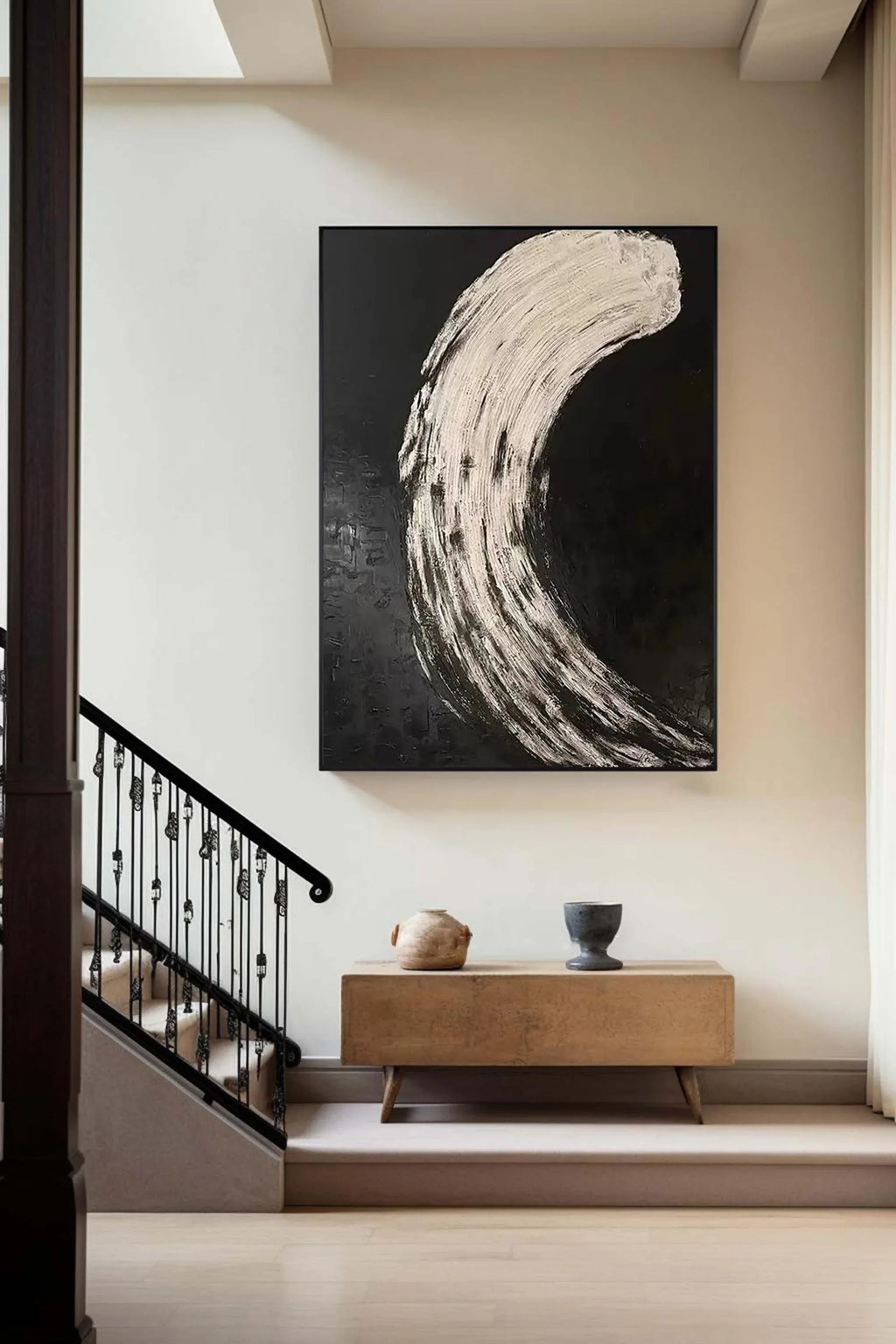 Eclipse Flow-Modern Minimalist Abstract Black and White Curved Texture Wall Art
