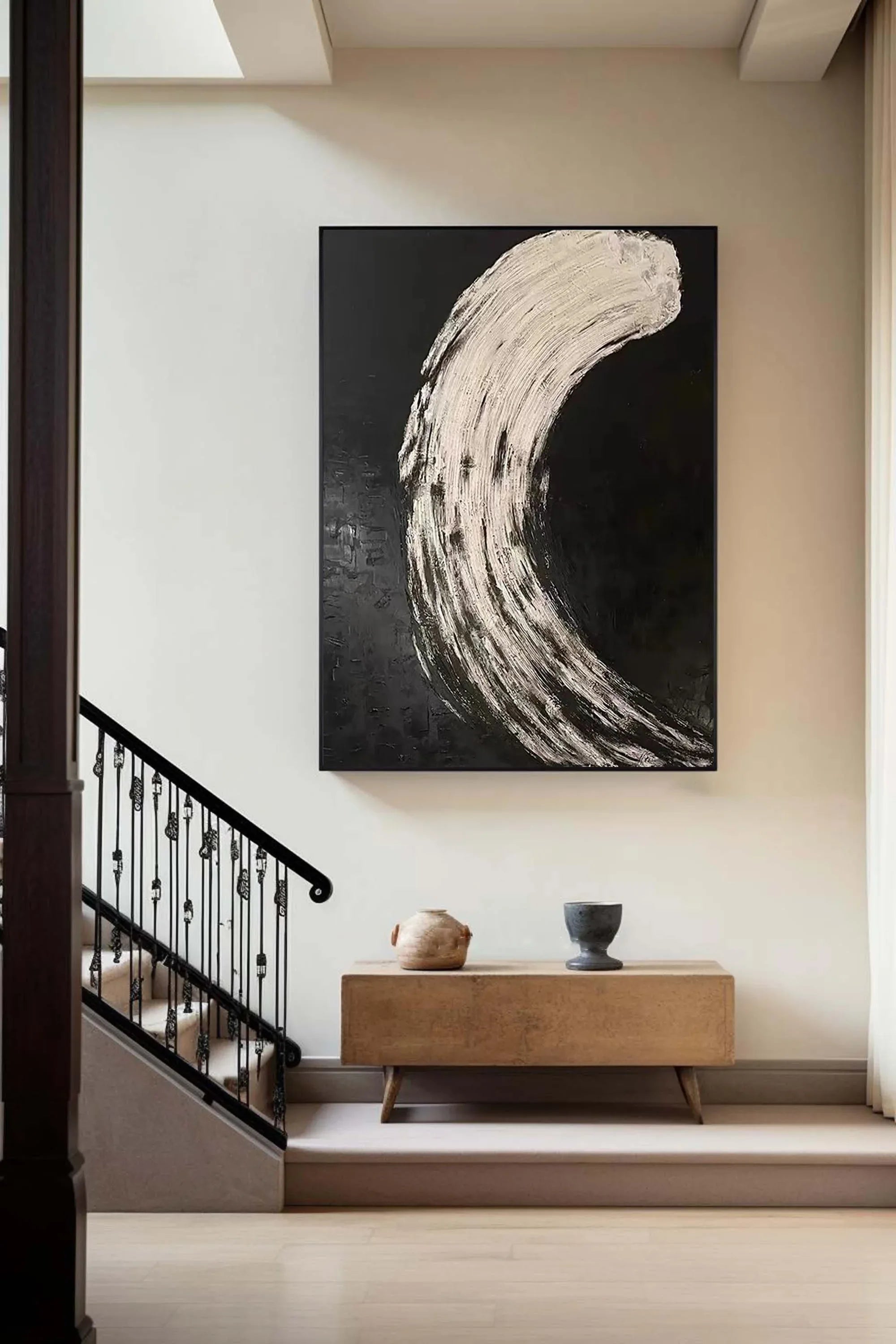 Eclipse Flow-Modern Minimalist Abstract Black and White Curved Texture Wall Art