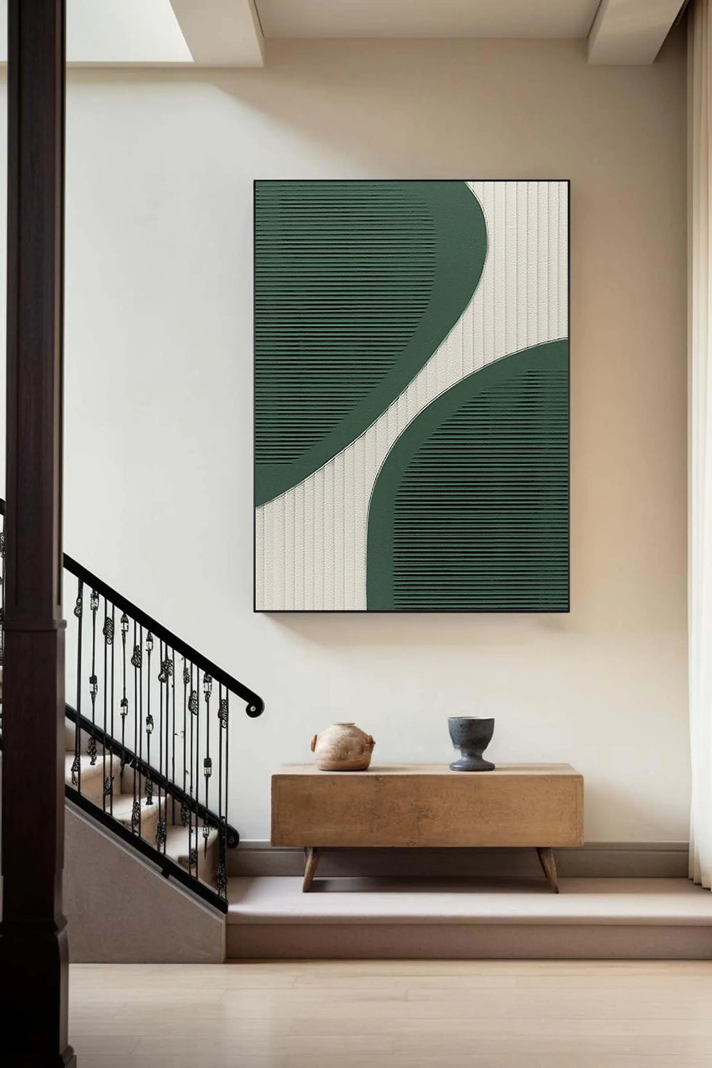 Curved Harmony-Modern Minimalist Green and White Curved Geometric Abstract Wall Art
