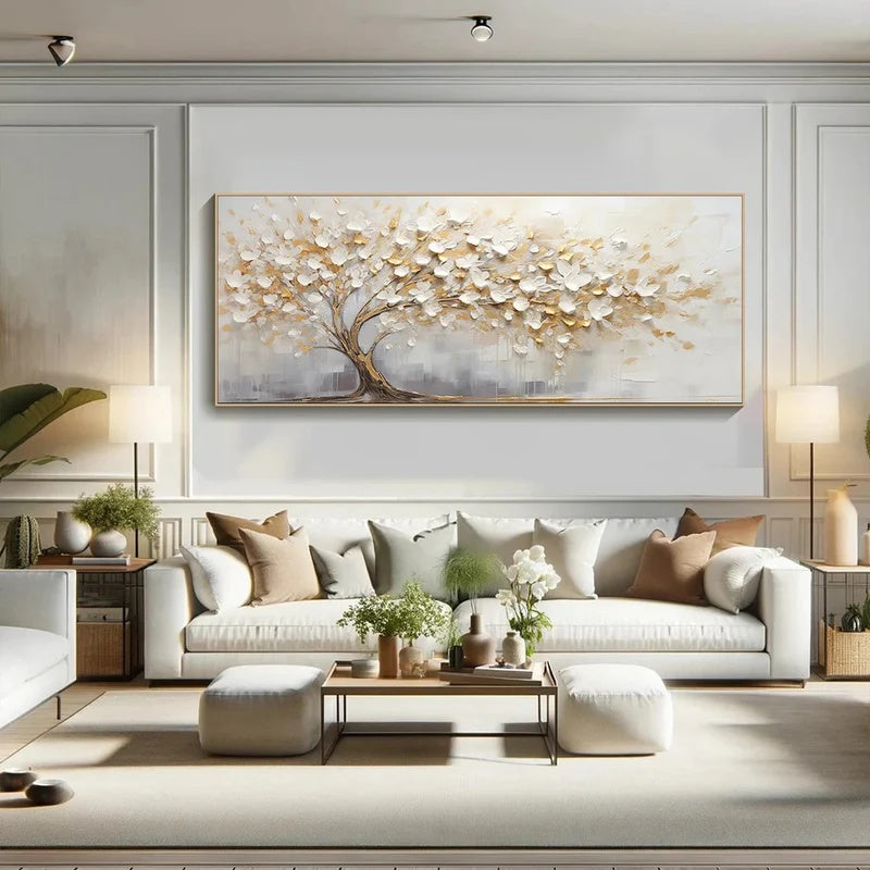 Large Textured Abstract Tree Wall Art for Modern Interiors – Golden Stillness#AB14121