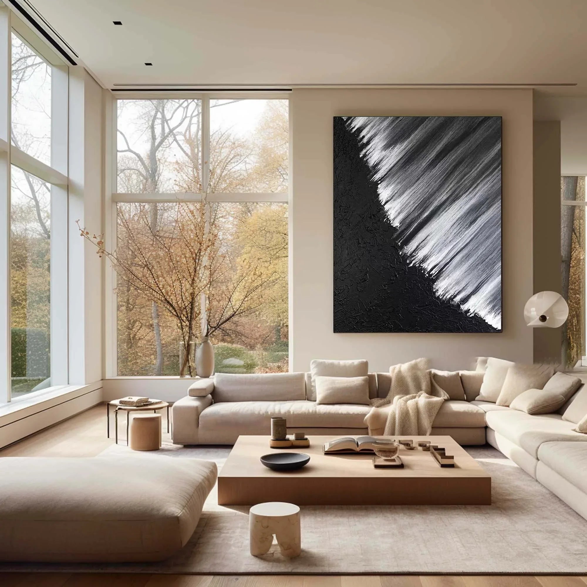 Monochrome Cascade-Hand Drawn Black and White Oblique Texture Abstract Wall Art