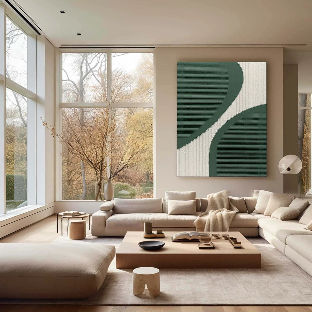 Curved Harmony-Modern Minimalist Green and White Curved Geometric Abstract Wall Art