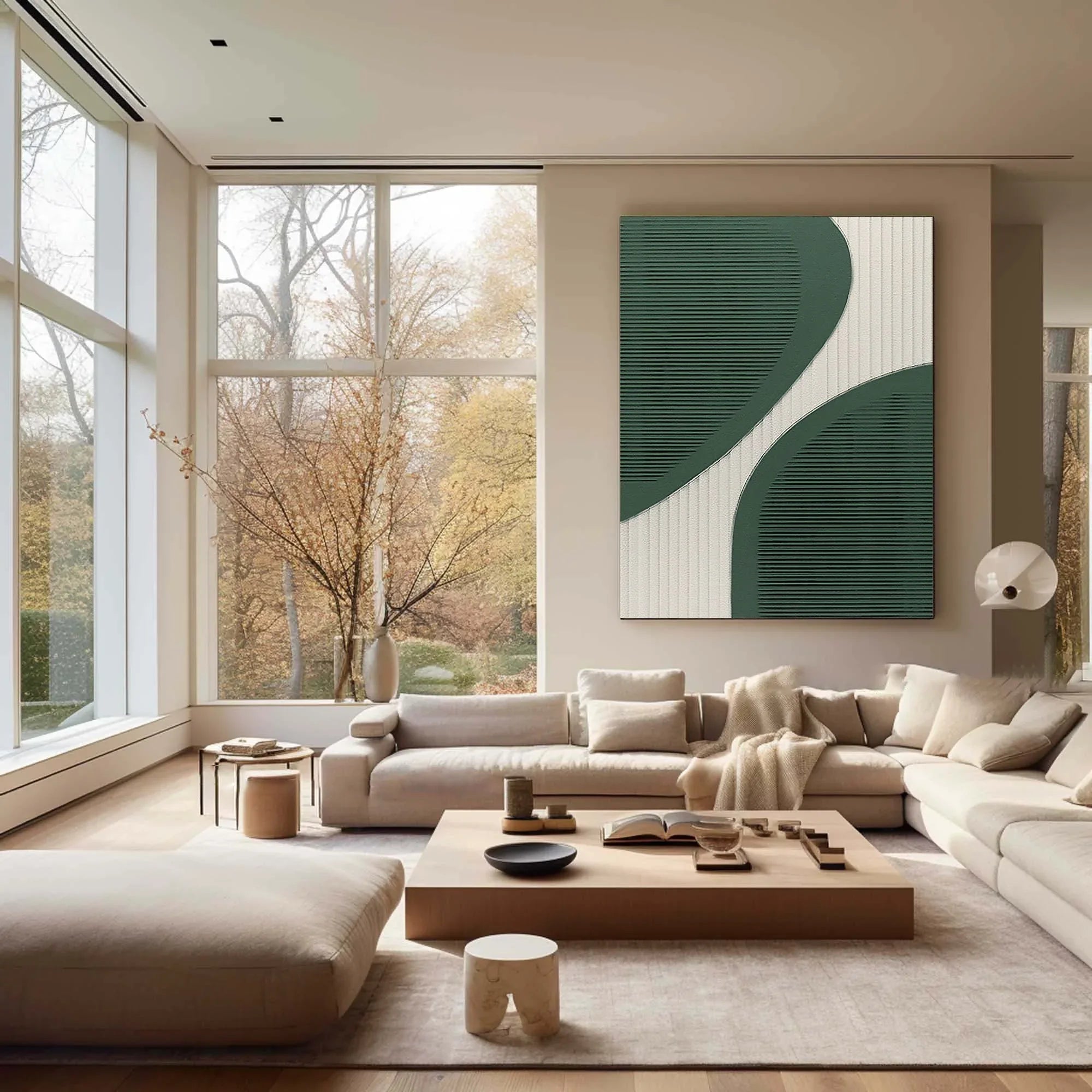 Curved Harmony-Modern Minimalist Green and White Curved Geometric Abstract Wall Art