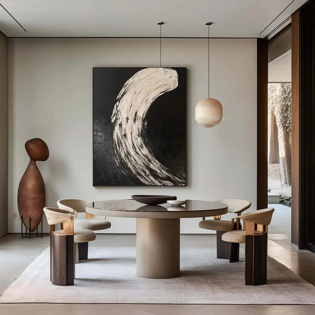 Eclipse Flow-Modern Minimalist Abstract Black and White Curved Texture Wall Art