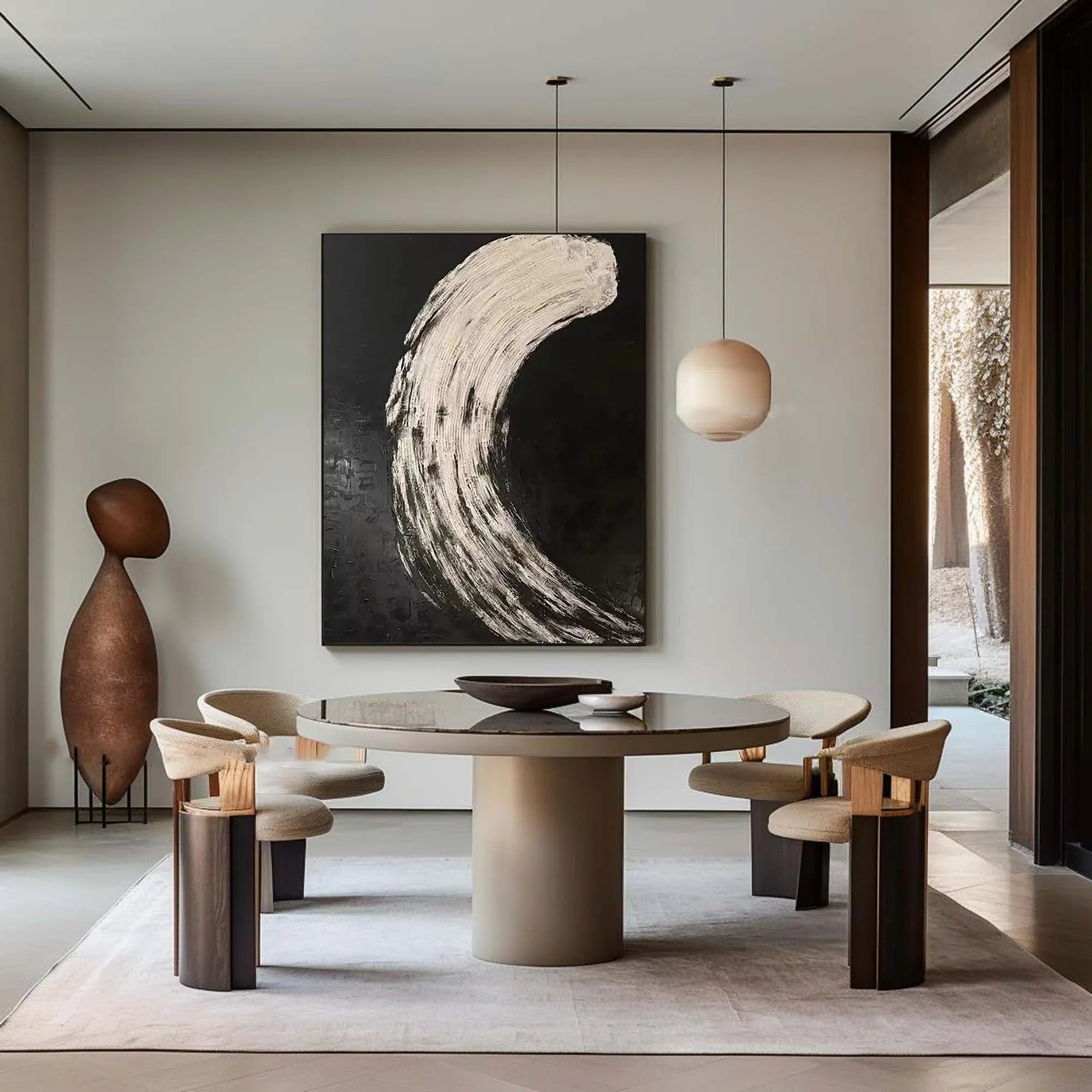 Eclipse Flow-Modern Minimalist Abstract Black and White Curved Texture Wall Art