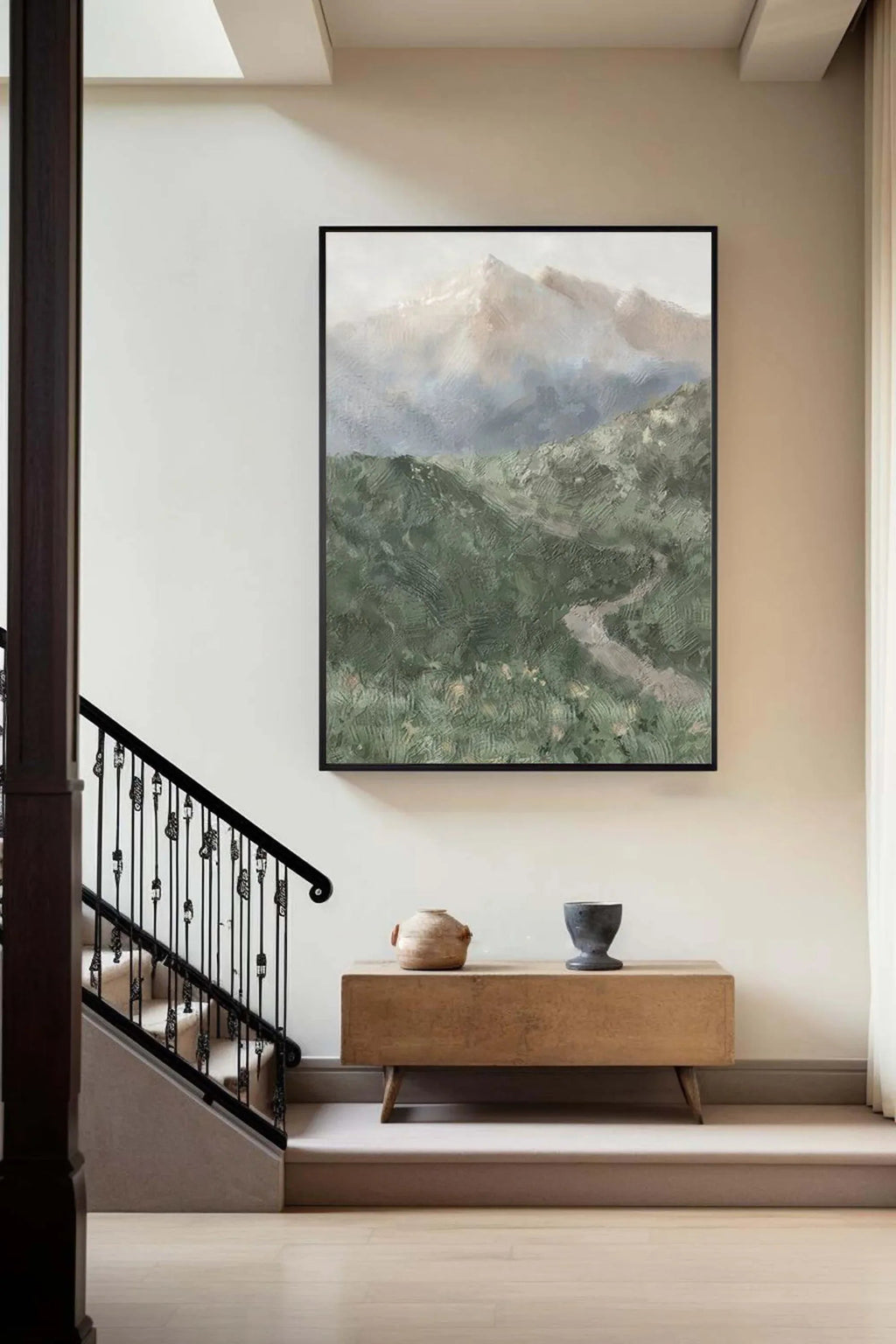Misty Mountain Path-Hand drawn Green Gray Texture Mountain Abstract Wall Art