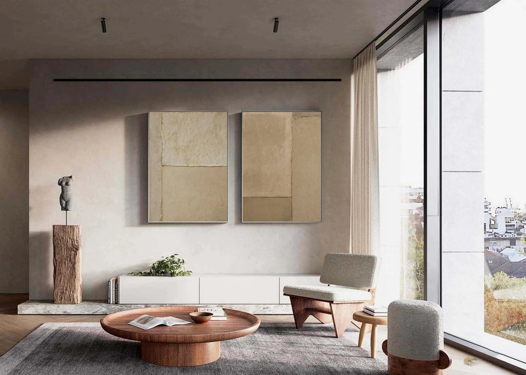 Earthy Simplicity-Brown Geometric Abstract Double Canvas Wall Art for Minimalist Decoration