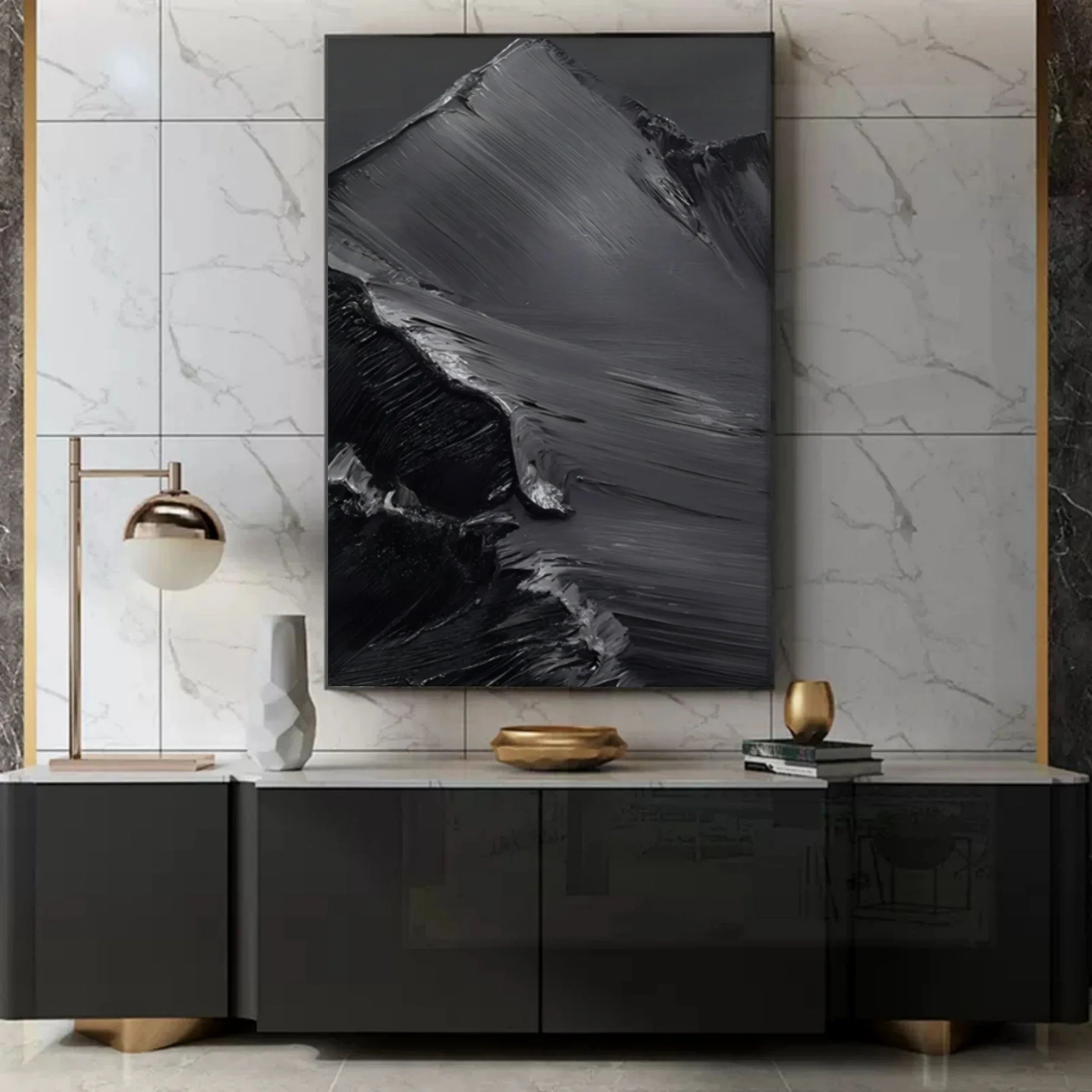 Midnight Peaks Vertical Art-Minimalist Oil Painting Wall Art with Mountain Scenery Texture