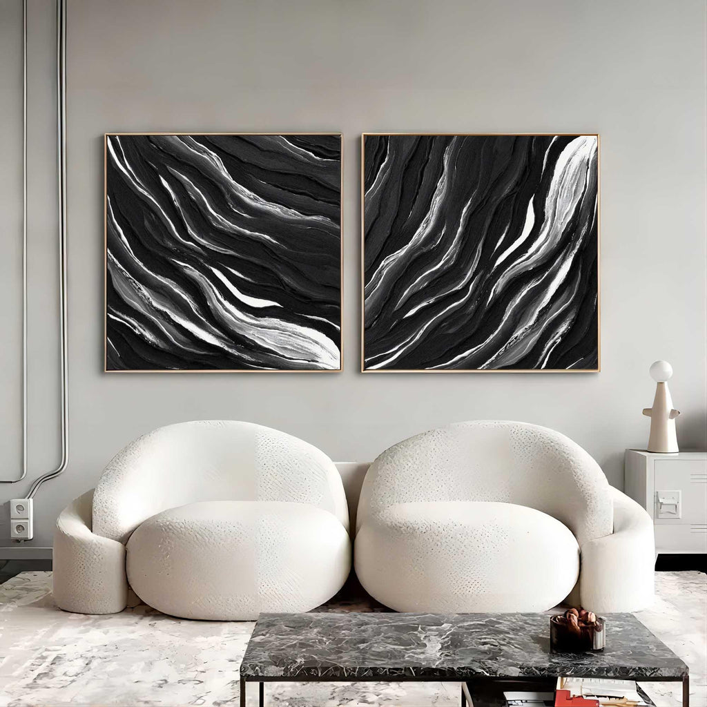 Monochrome Tides Diptych Set Of 2-Minimalist Hand Drawn Flowing Texture Abstract Wall Art