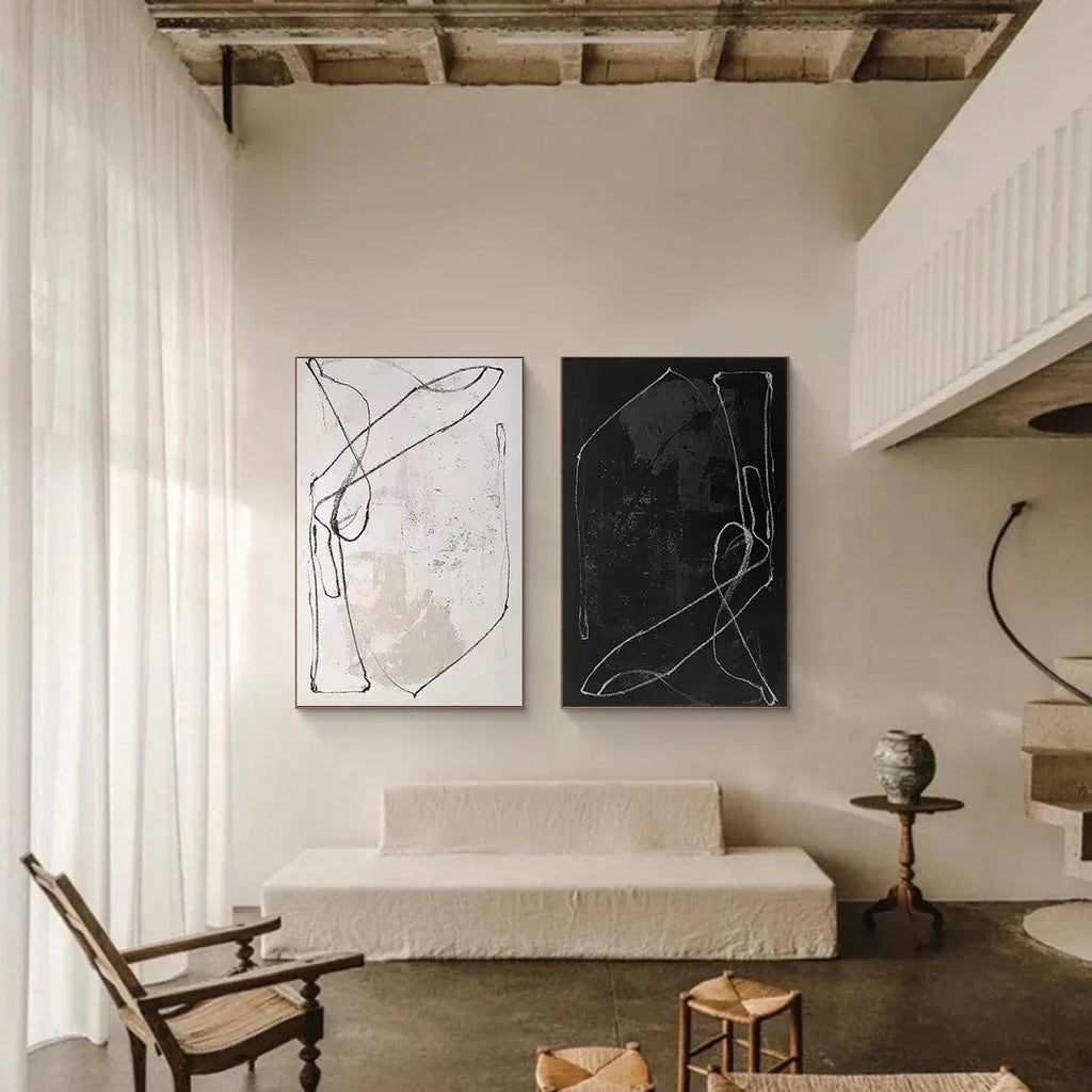 Monochrome Rhythm-Abstract Line Canvas Duo  SET OF 2
