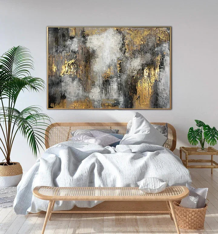Ethereal Abstract-Hand-Painted Abstract Gray and Gold Texture Dance Wall Art