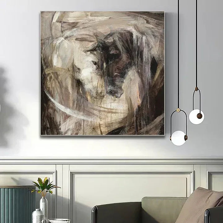 Confrontation-Hand-Painted Abstract Oil Painting Featuring a Spiritual Duel Between Two Horses, Showcasing Wall Art