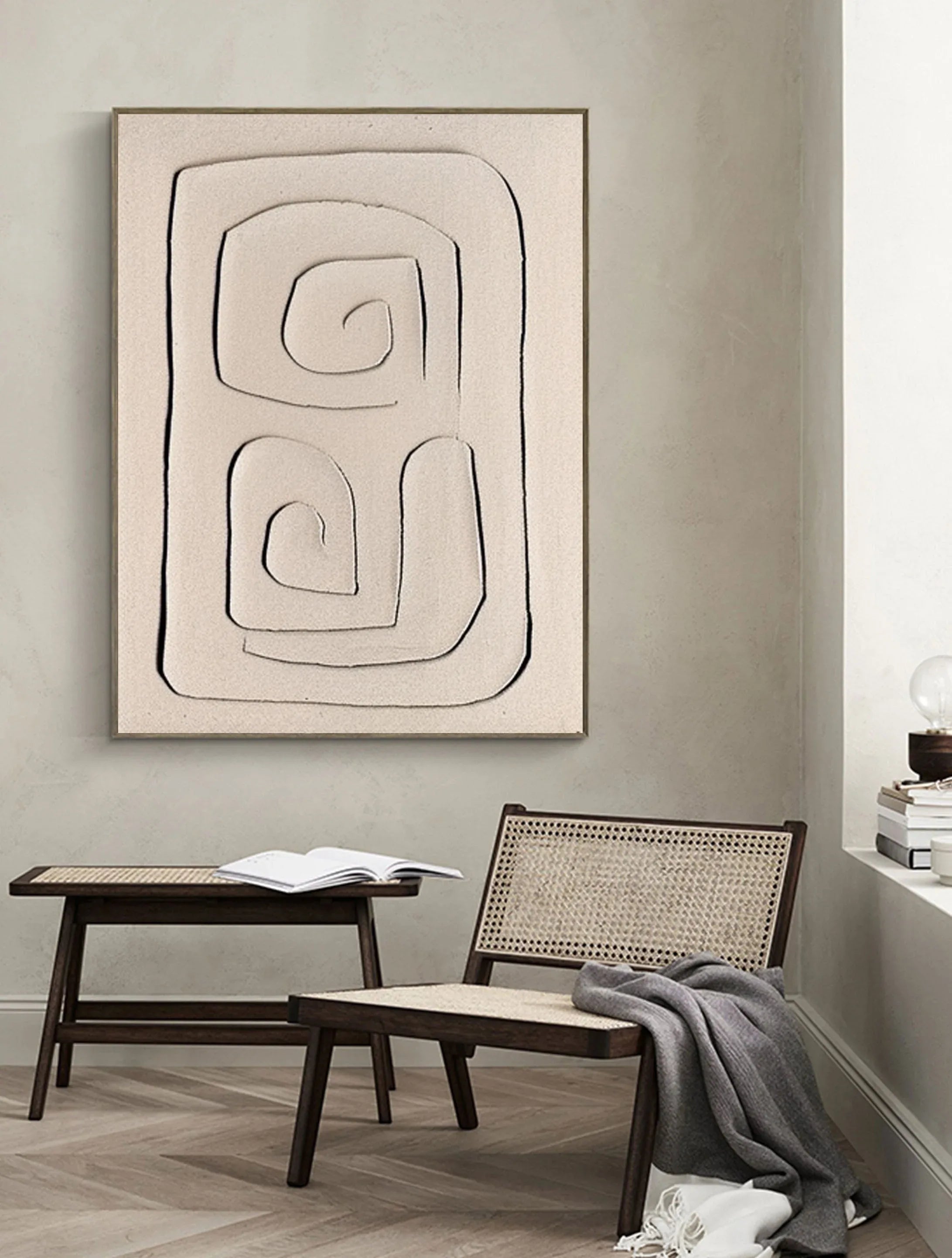 Mono Swirl Block-Wabi Sabi Abstract Wall Art with Spiral Minimalist Texture