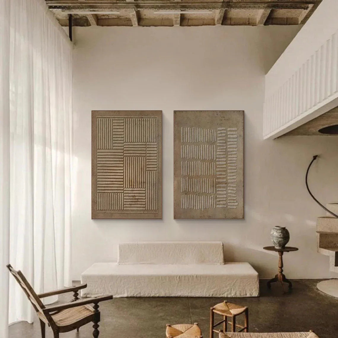 Linear Harmony SET OF 2-Handmade Geometric Vertical and Horizontal Stripes Texture Abstract Wall Art