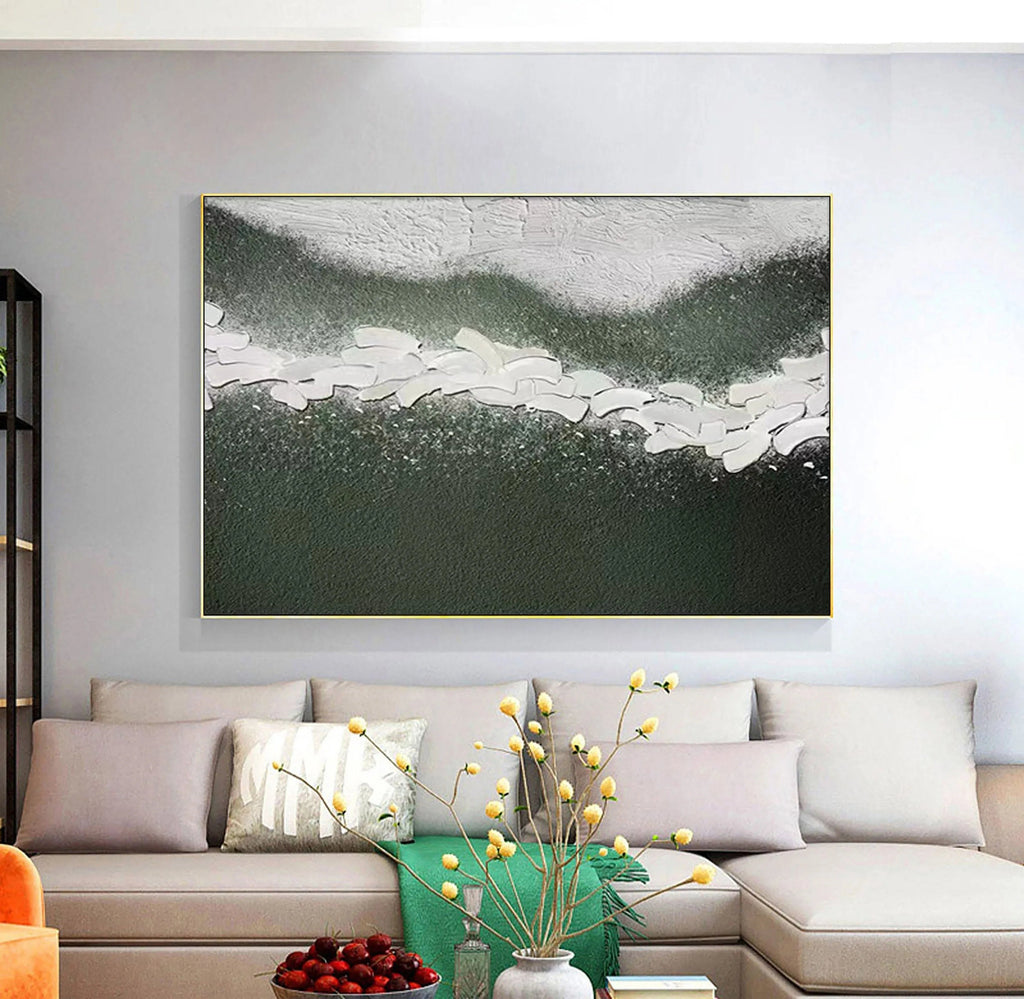 Path of Serenity-Hand Drawn Flowing Green and White Outline Abstract Texture Wall Art