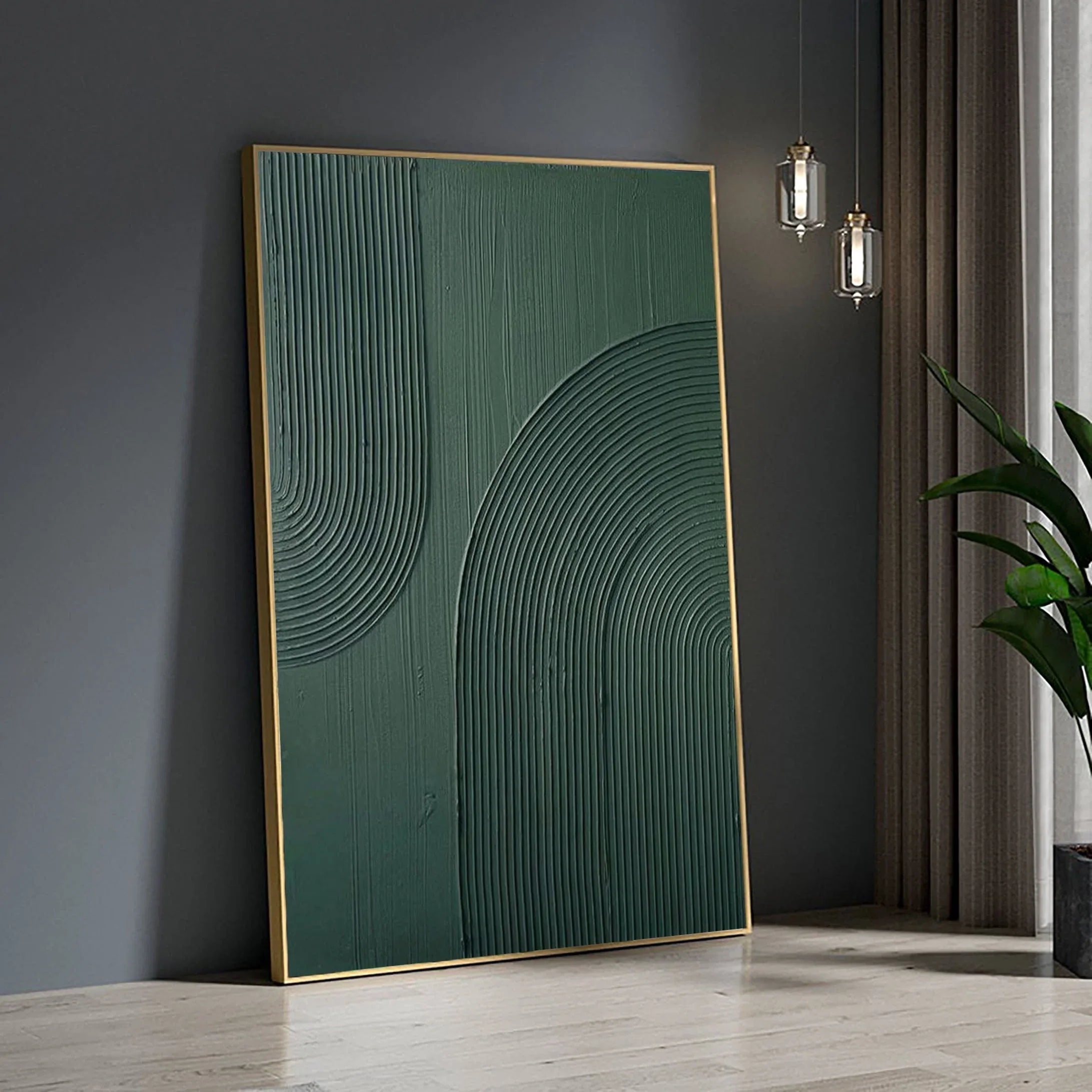 Emerald Echoes-Modern Minimalist Dark Green Curved Abstract Geometric Wall Art