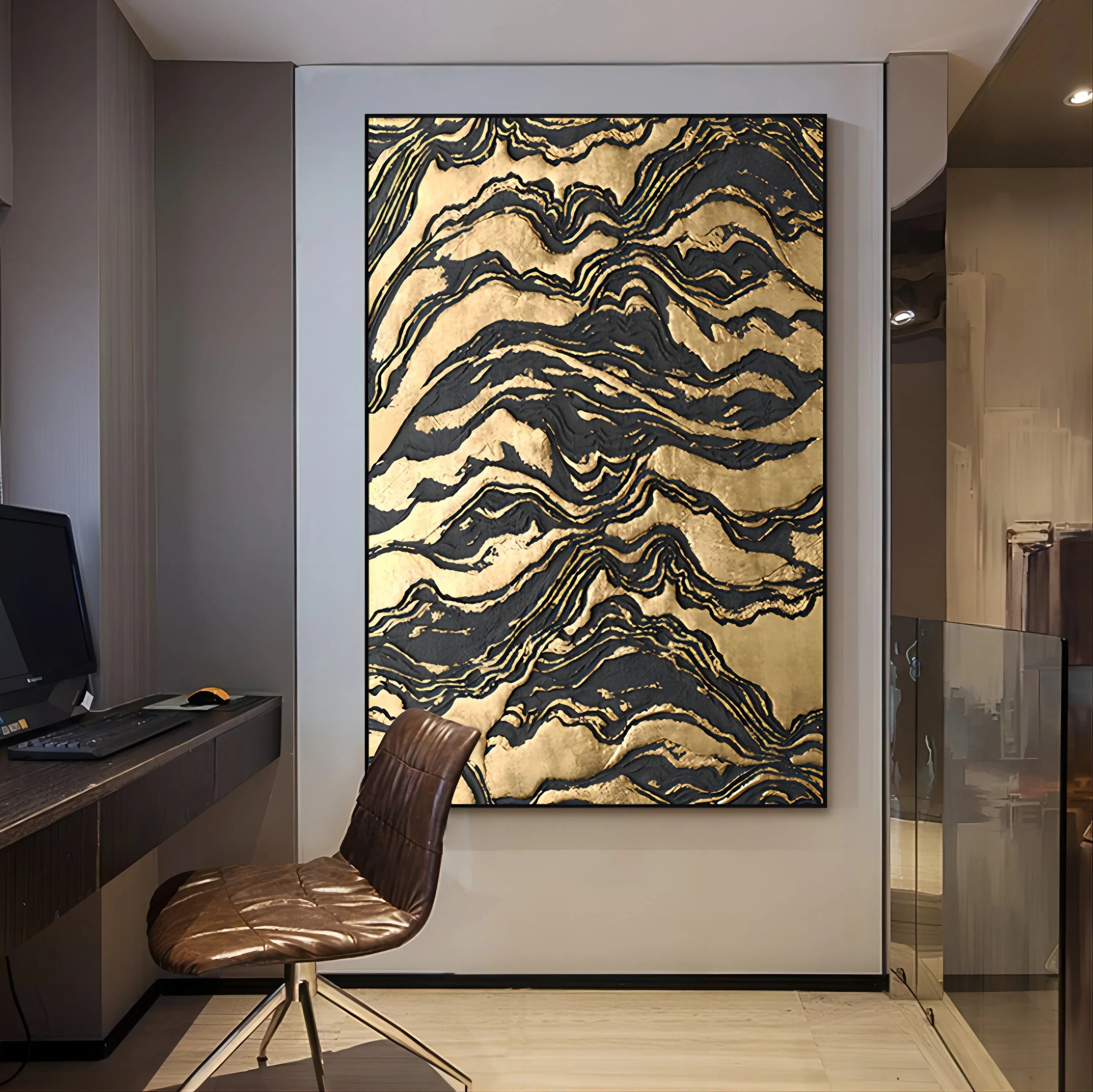 Golden Erosion-Black Gold Layered Texture Abstract Oil Painting Wall Art