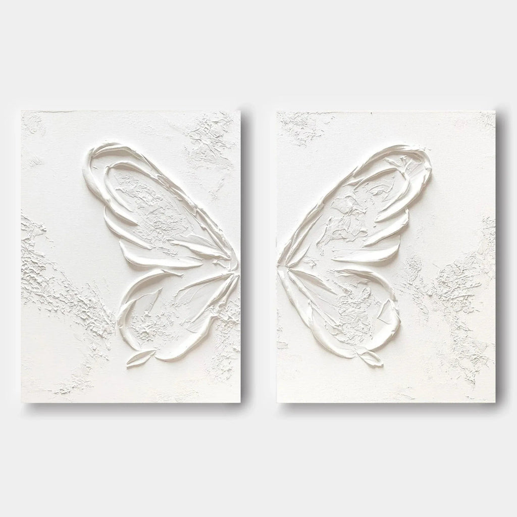 Ethereal Butterfly Diptych Set Of 2-Symmetrical Pure White Three-Dimensional Butterfly Minimalist Abstract Wall Art