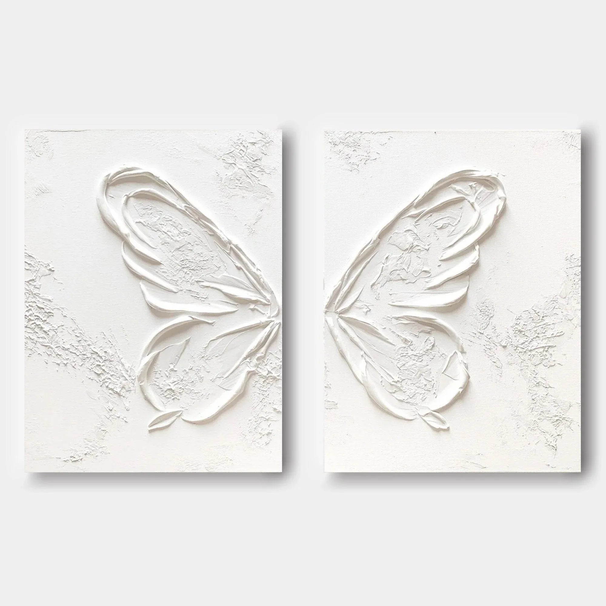 Ethereal Butterfly Diptych Set Of 2-Symmetrical Pure White Three-Dimensional Butterfly Minimalist Abstract Wall Art