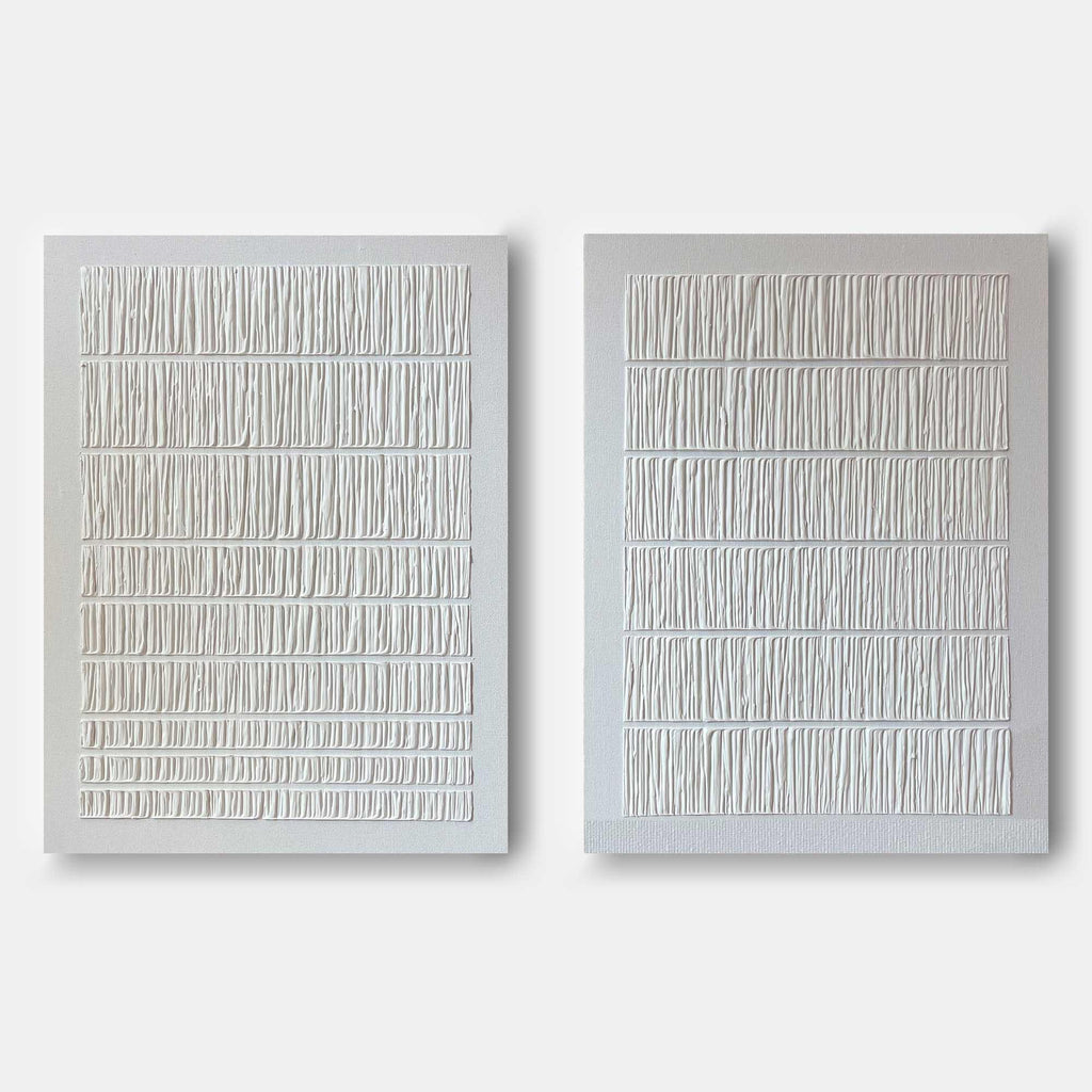 Linear Harmony Diptych Art Set Of 2-Pure White Minimalist Striped Abstract Wall Art