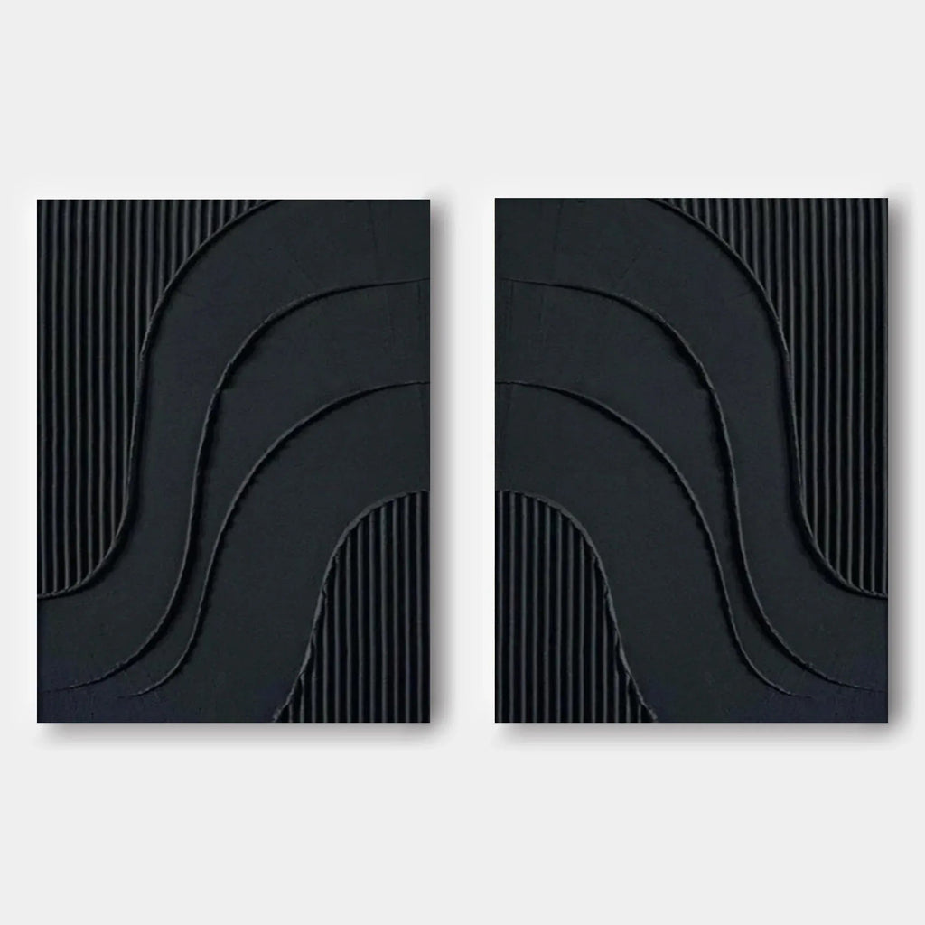 Noir Textured Diptych Art Set Of 2-Minimalist Pure Black Three-Dimensional Curved Abstract Wall Art