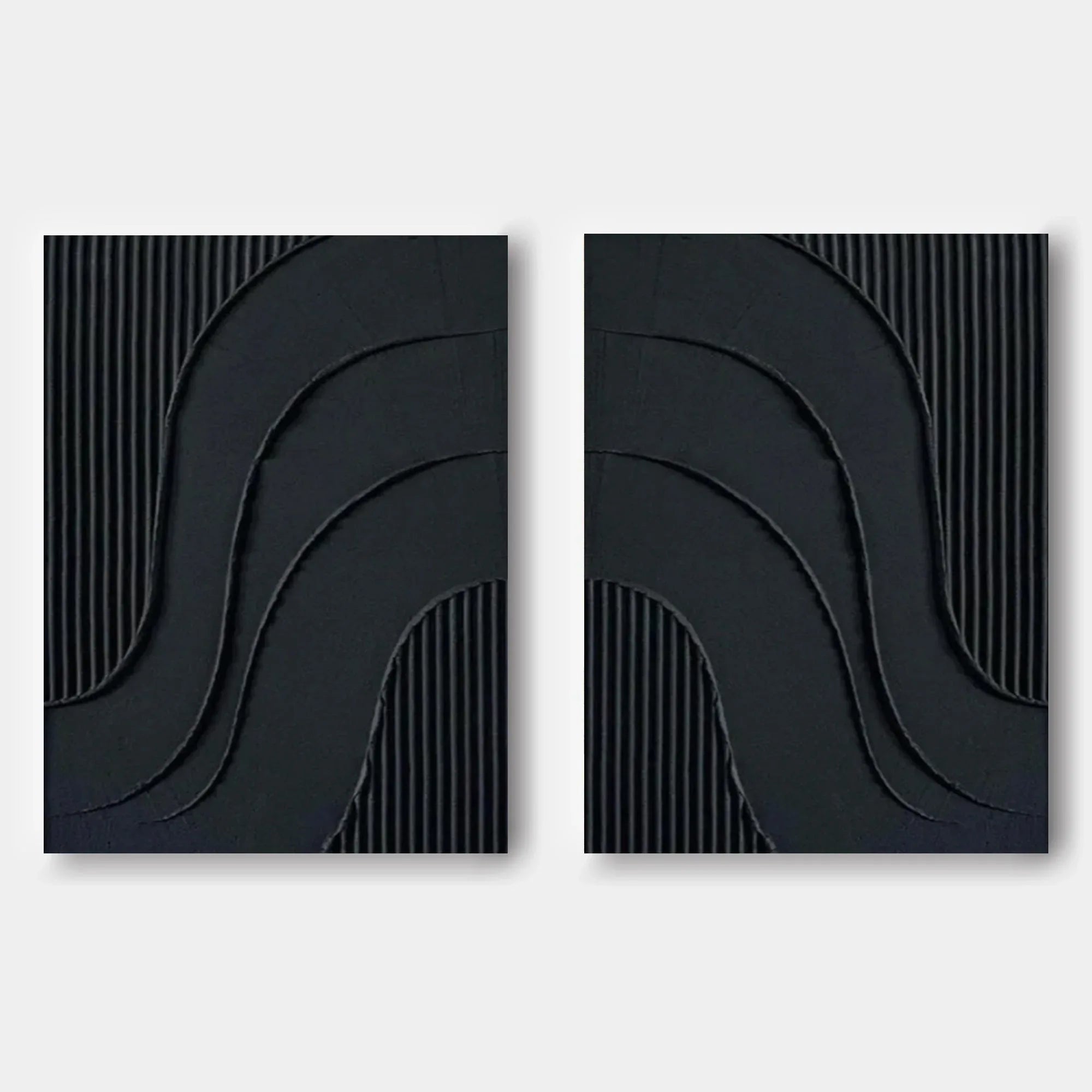 Noir Textured Diptych Art Set Of 2-Minimalist Pure Black Three-Dimensional Curved Abstract Wall Art