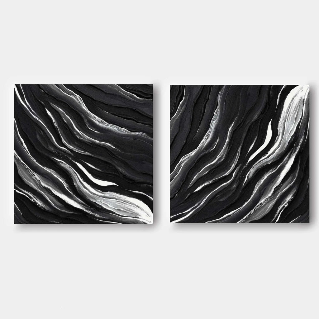 Monochrome Tides Diptych Set Of 2-Minimalist Hand Drawn Flowing Texture Abstract Wall Art