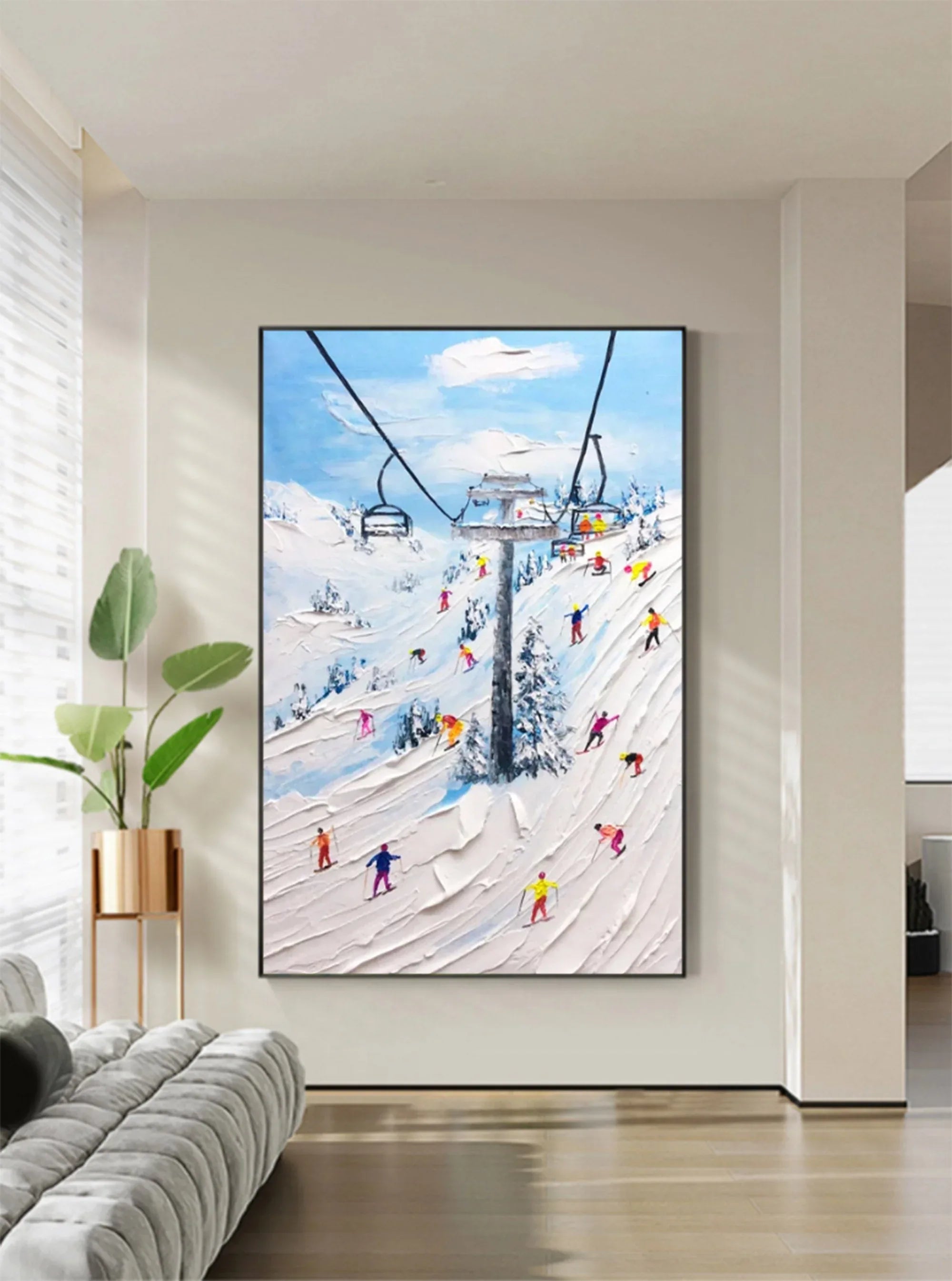 Alpine Adventure-Hand Drawn Thick Coated Ski Texture Oil Painting Wall Art