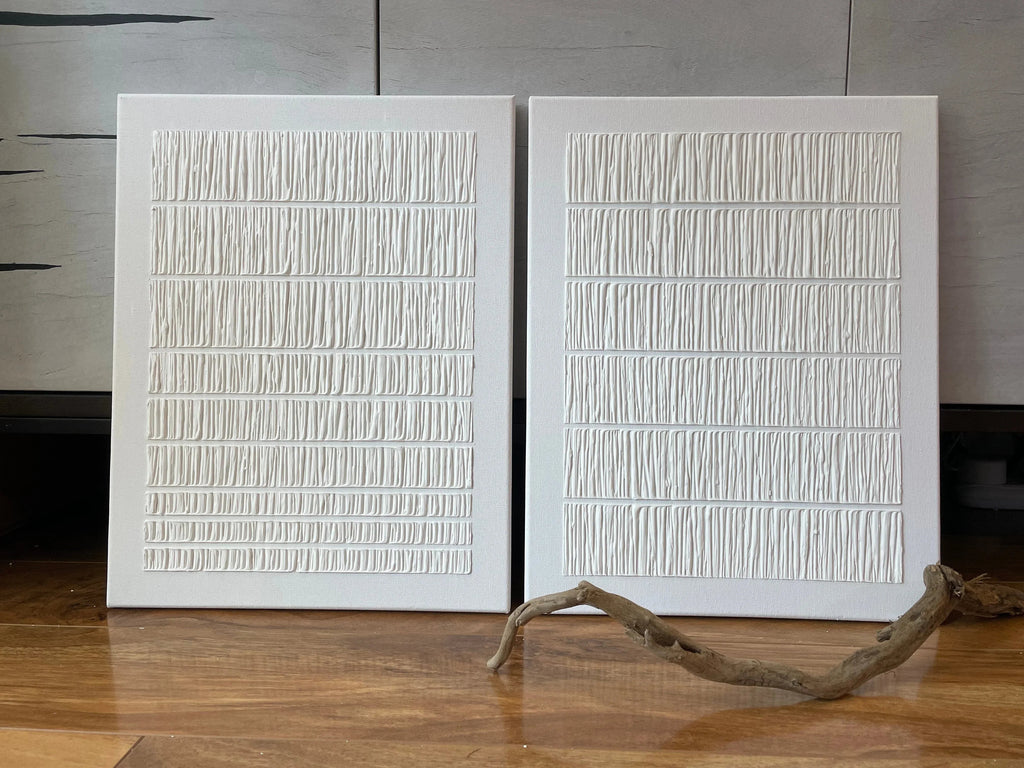 Linear Harmony Diptych Art Set Of 2-Pure White Minimalist Striped Abstract Wall Art