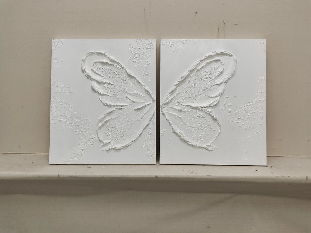 Ethereal Butterfly Diptych Set Of 2-Symmetrical Pure White Three-Dimensional Butterfly Minimalist Abstract Wall Art