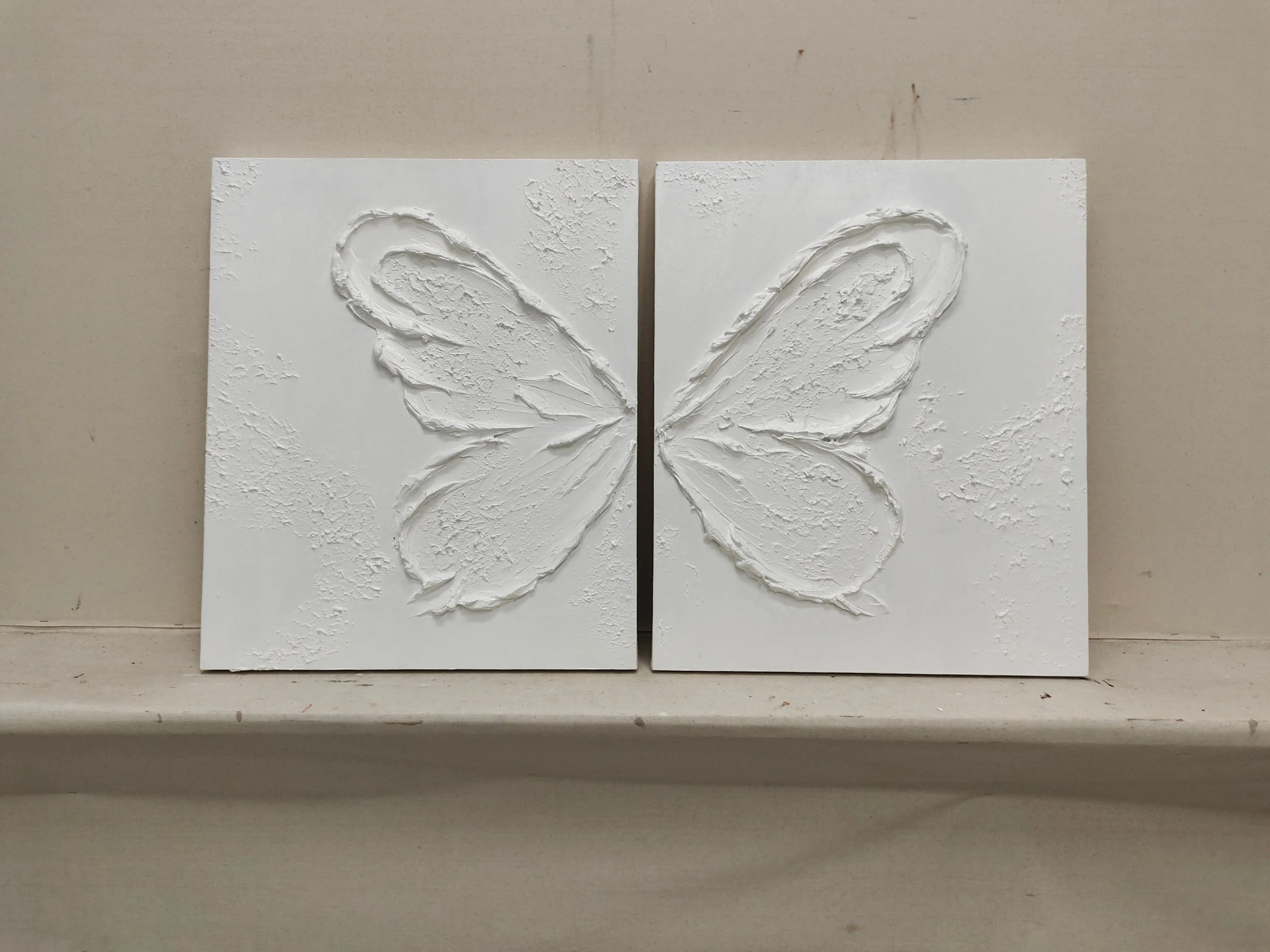 Ethereal Butterfly Diptych Set Of 2-Symmetrical Pure White Three-Dimensional Butterfly Minimalist Abstract Wall Art