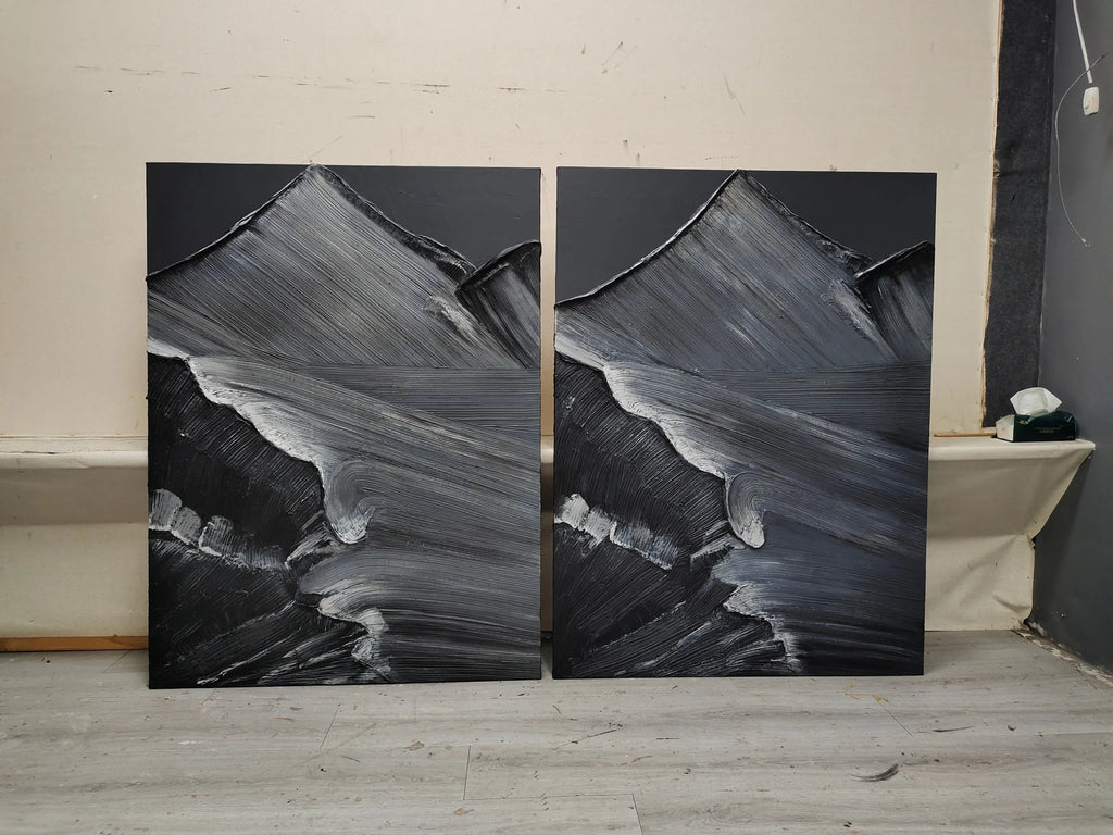 Midnight Peaks Vertical Art-Minimalist Oil Painting Wall Art with Mountain Scenery Texture