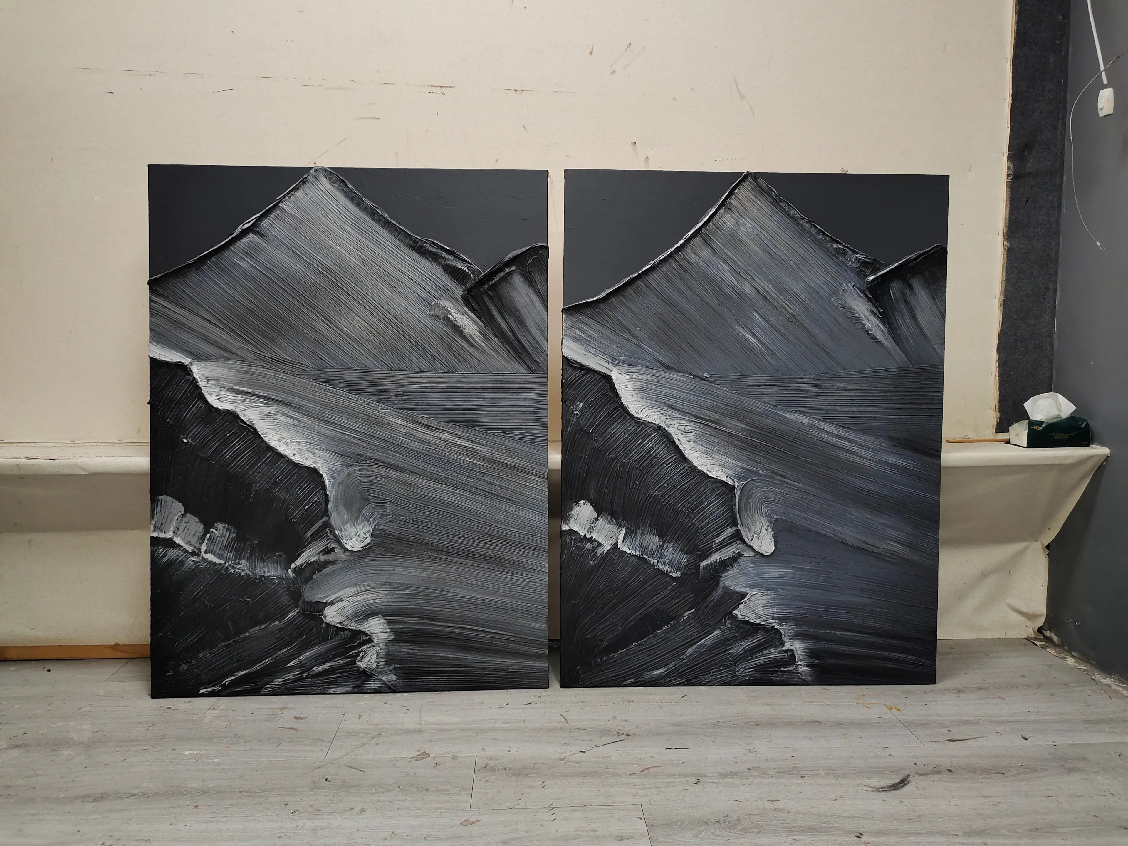 Midnight Peaks Vertical Art-Minimalist Oil Painting Wall Art with Mountain Scenery Texture