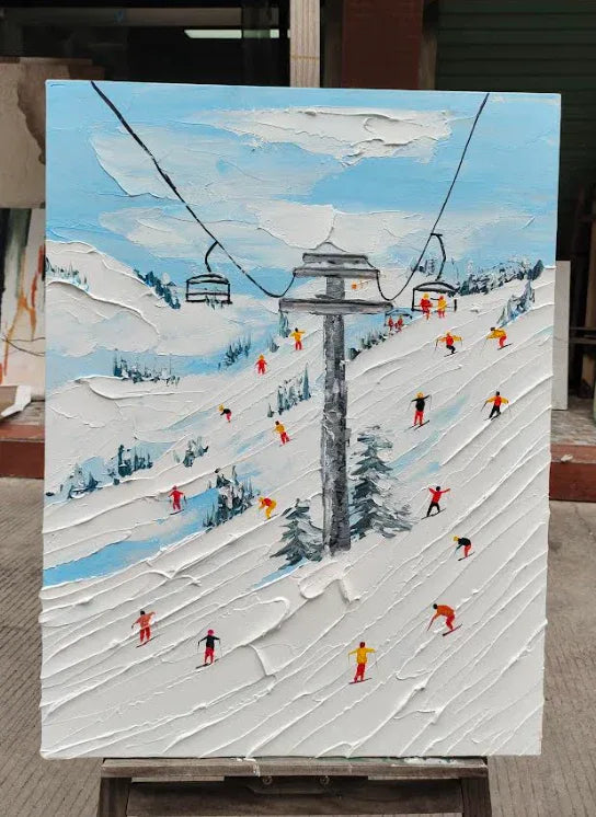 Alpine Adventure-Hand Drawn Thick Coated Ski Texture Oil Painting Wall Art
