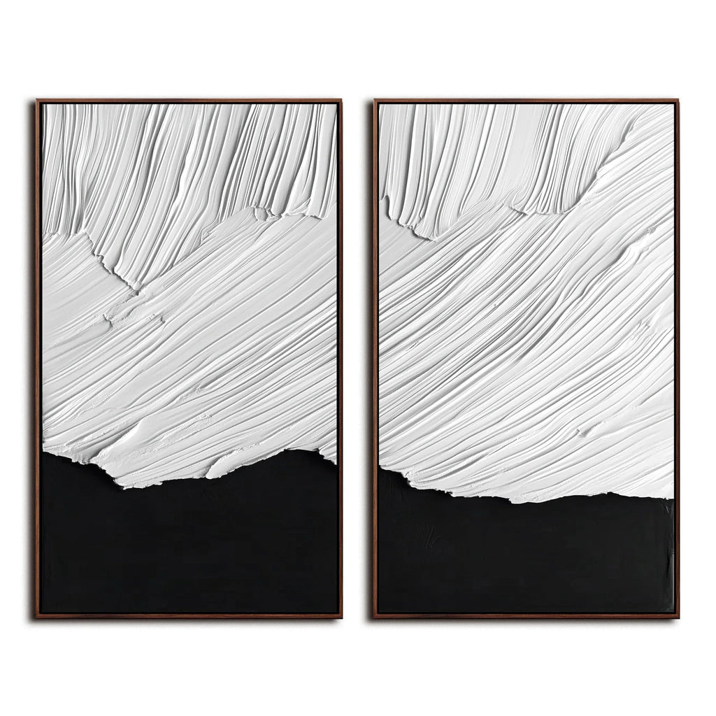 Duality in Textured Harmony-Double Layered White Wave Pattern Black Background Abstract Wall Art
