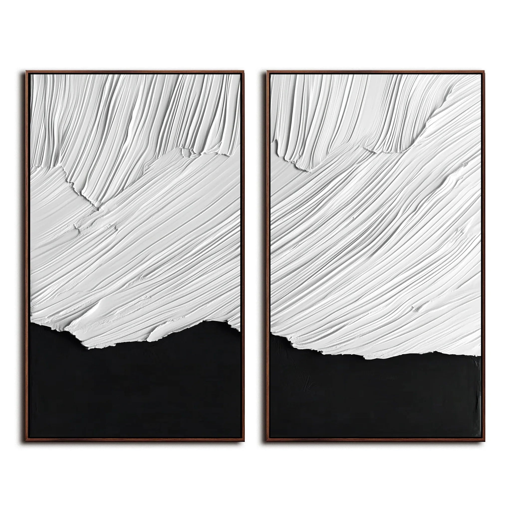 Duality in Textured Harmony-Double Layered White Wave Pattern Black Background Abstract Wall Art