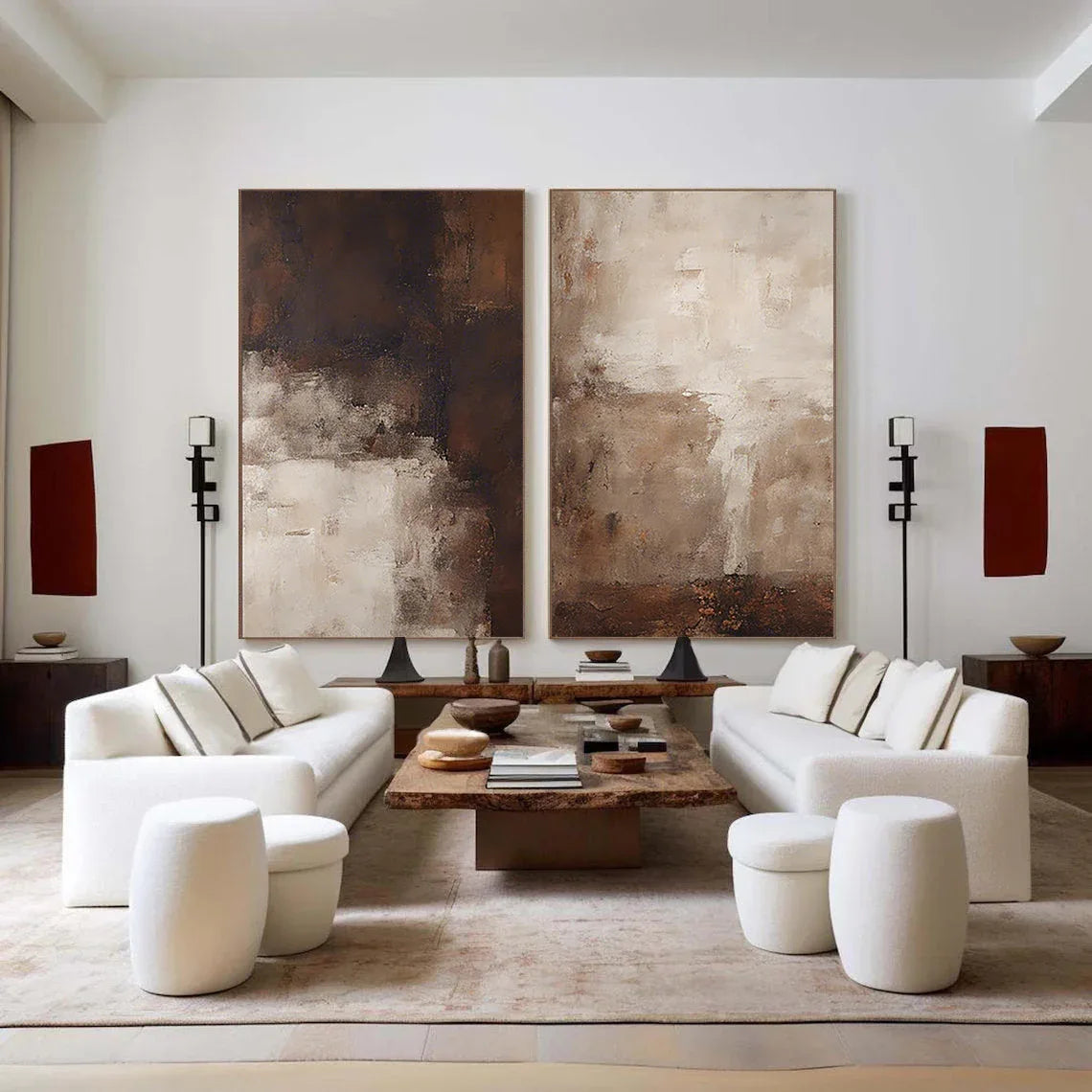 Earthy Elegance Abstract Diptych Set Of 2 - Double-Sided Vertical Banner Abstract Texture Wall Art in Earthy Colors