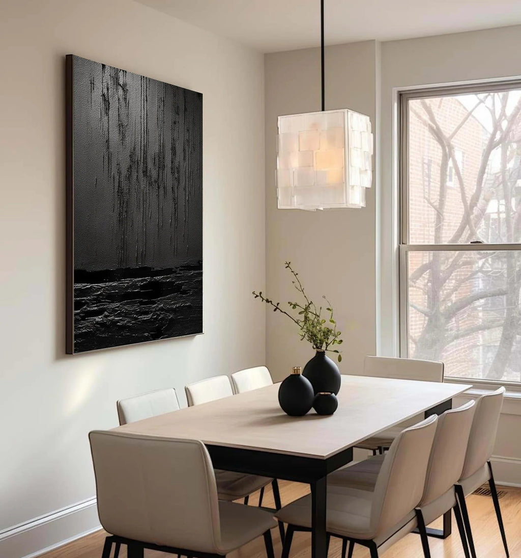 Midnight Echoes-Hand Drawn Pure Black Drip Texture Wall Art