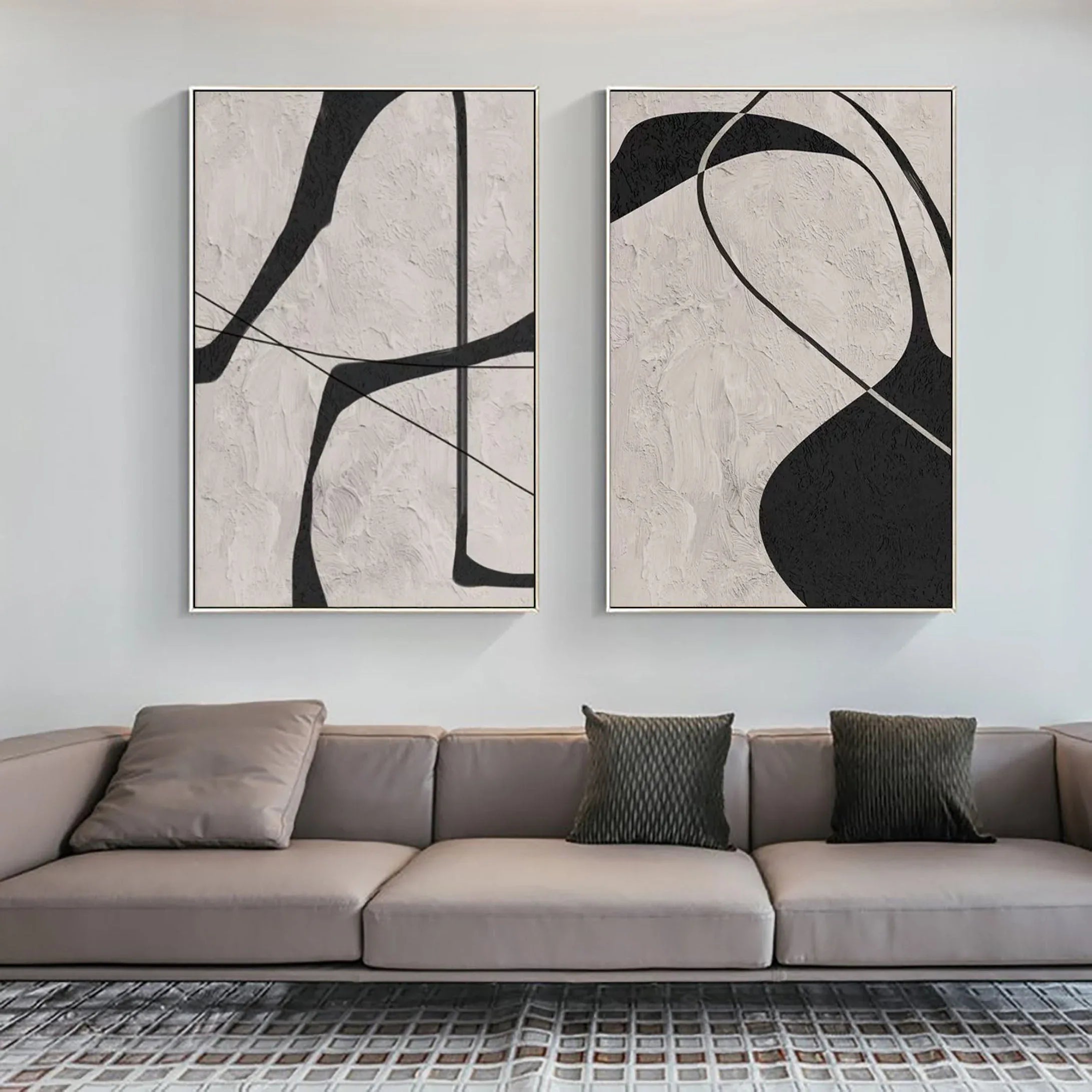 Balanced Curvature SET OF 2 - Modern Interior Minimalist Geometric Lines Wabi Sabi Style Vertical Wall Art
